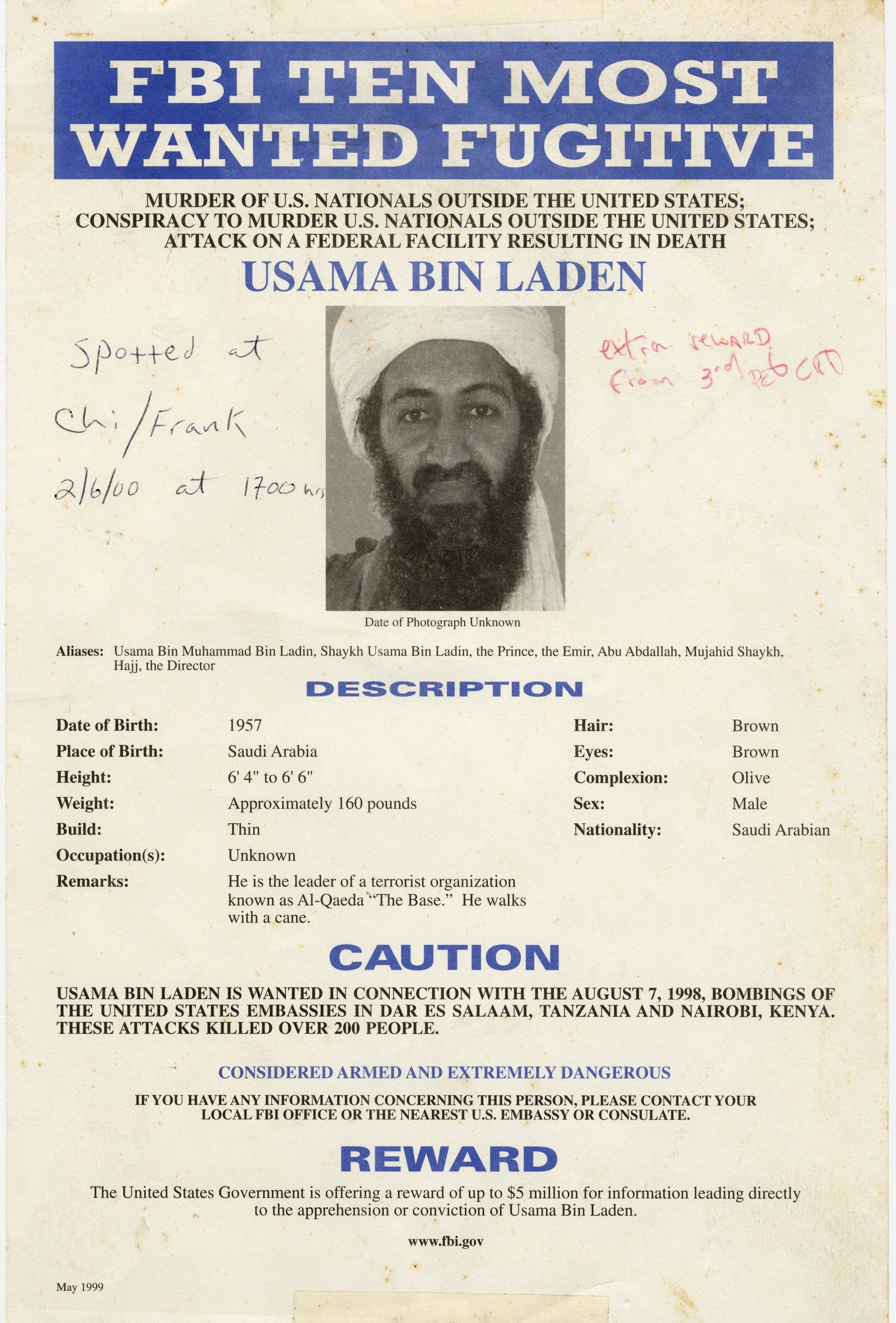FBI Ten Most Wanted Osama bin Laden 1999 Poster (1 of 3)