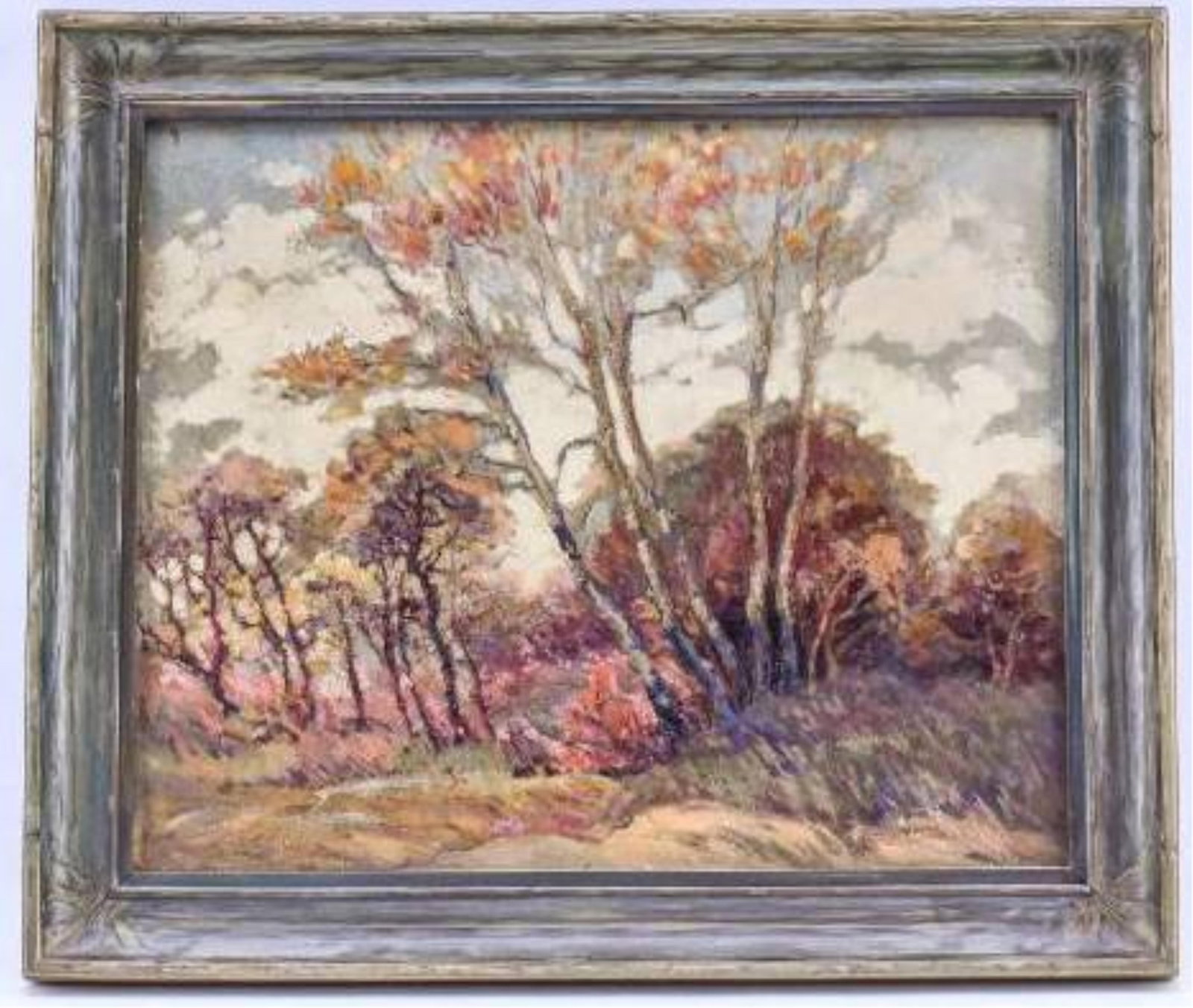Jane Rehnstrand Lanscape Painting: Painting by Jane Rehnstrand on board depicting a lovely landscape of tall trees in a field during autumn. Signed in lower right. 17.5 x 20.25