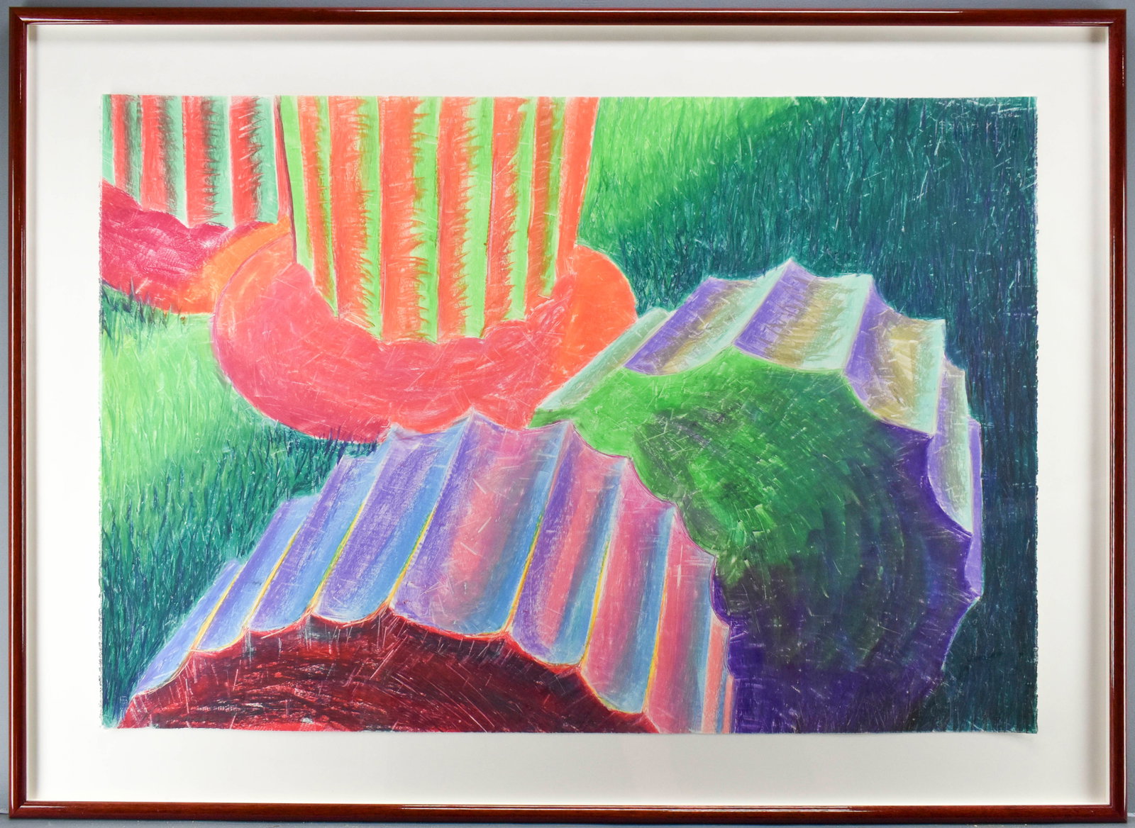 "Recommence #1" Monotype, Illegibly Signed: Large monotype titled "Recommence #1" along the lower left. Illegibly signed lower right. Framed behond plexiglass.28.25 x 52.75