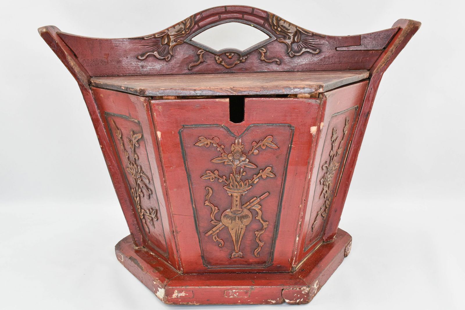 Antique Chinese Large Wooden Tea Basket, Latching Handle (1 of 16)