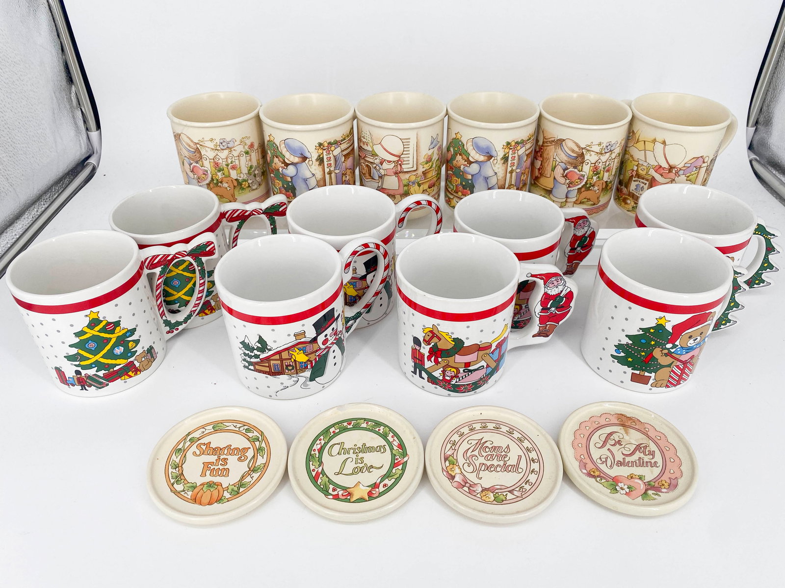 Group of Vintage Mugs and Coasters: Group of misc. vintage mugs and coasters. Includes 6 Country Kids mugs--Moms Are Special, Good Friends are Forever, Christmas is Love (2), and Be My Valentine (2), 4 Country Kid coasters--Sharing is F