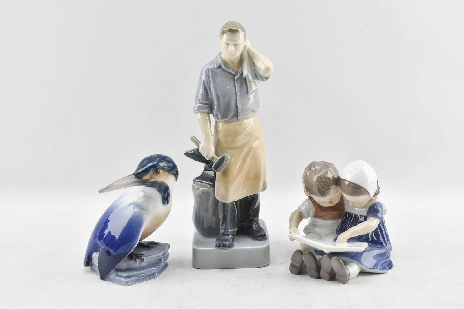 3 Royal Copenhagen Figurines: Blacksmith, Kingfisher, Children Reading (1 of 8)