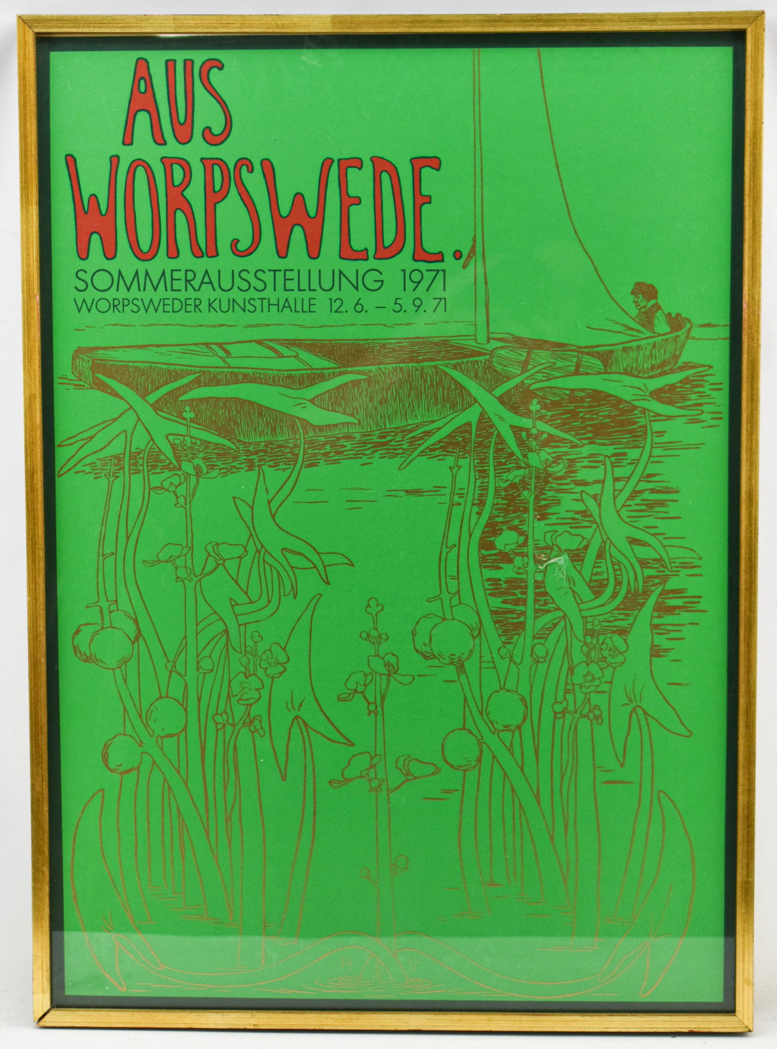 Aus Worpswede Lithograph Exhibition Poster Print: Vintage lithograph print exhibition poster from the 1971 Worpswede summer exhibition, held in Worpswede, Germany; poster depicts a gilt marsh scene with a fisherman on the water, set on a bright green