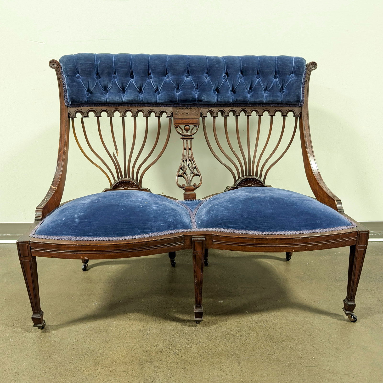 Art Nouveau Mahogany Settee w/ Navy Velvet (1 of 11)