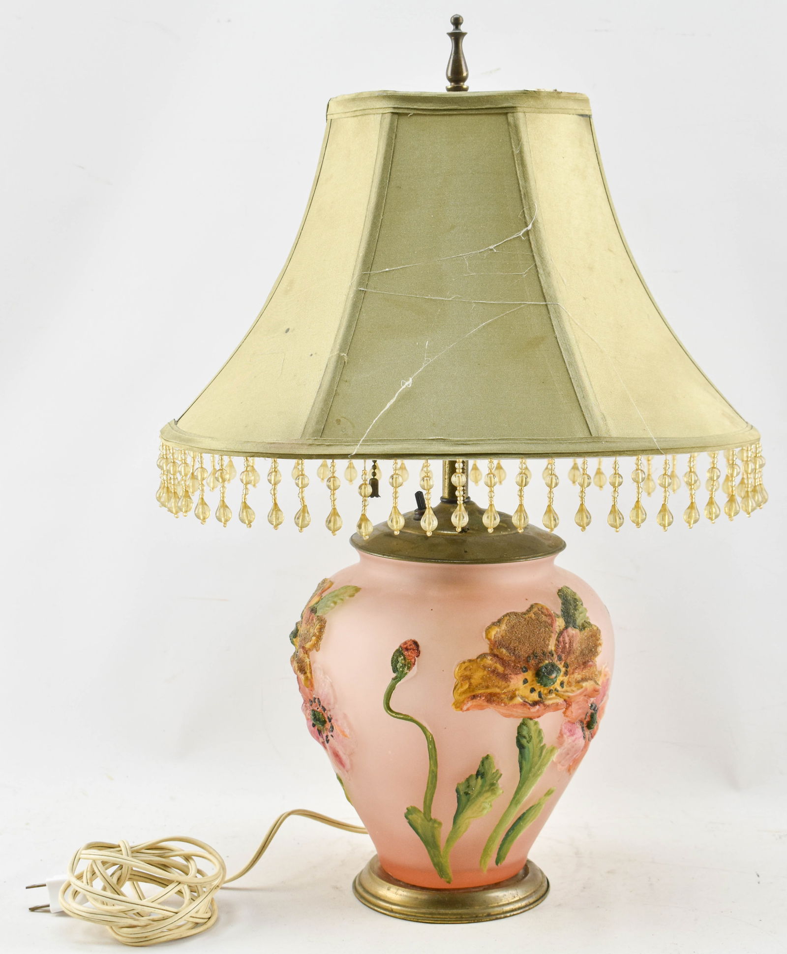 Vintage Pink Frosted Glass Floral Lamp w/ Shade (1 of 8)