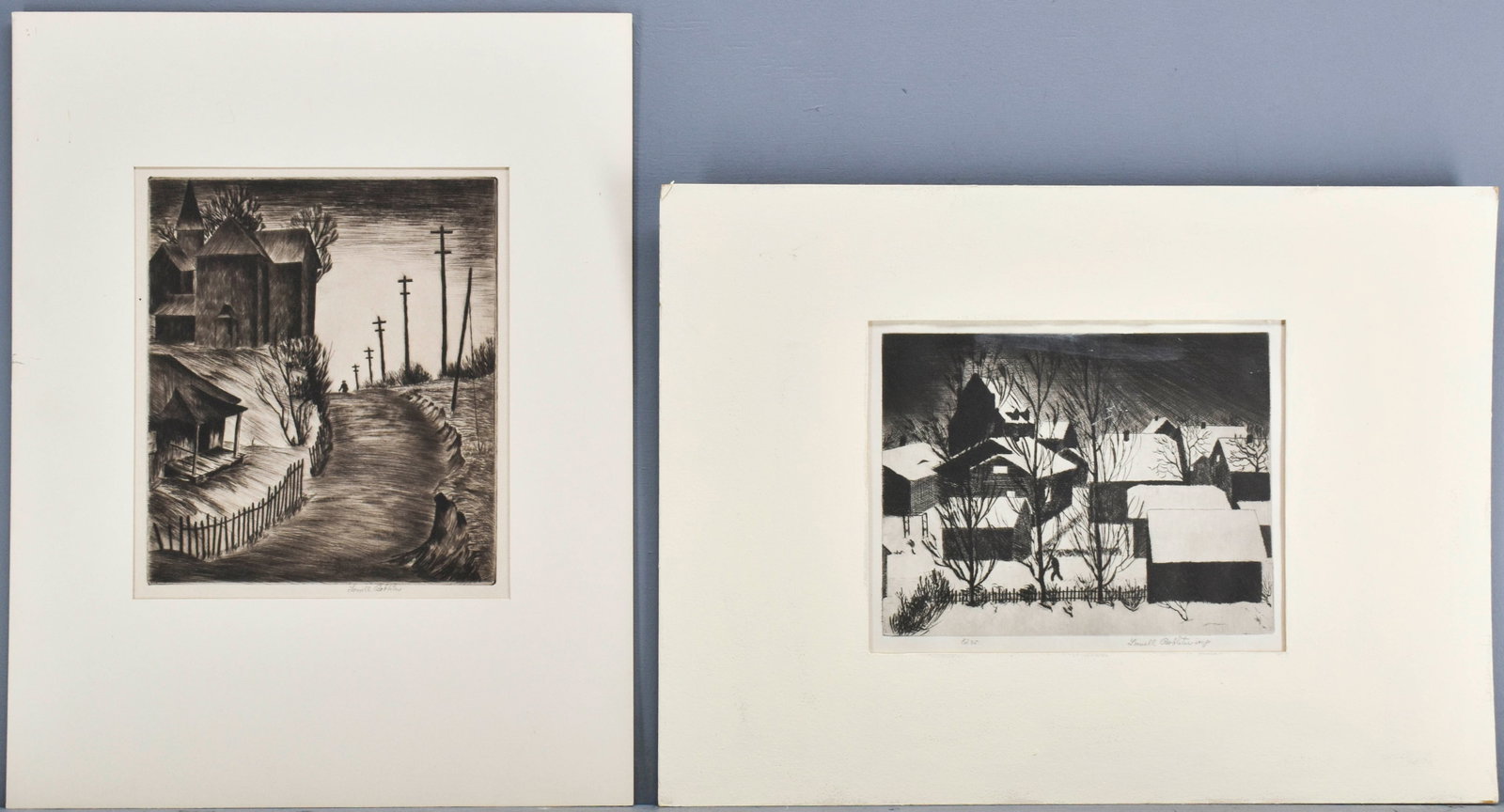 2 Lowell Bobleter Etchings: Lot includes two unframed etchings by Lowell Bobleter. "A New Day" depicts a road running alongside rustic buildings and power poles (paper dimensions: 12" x 10.75" - not including