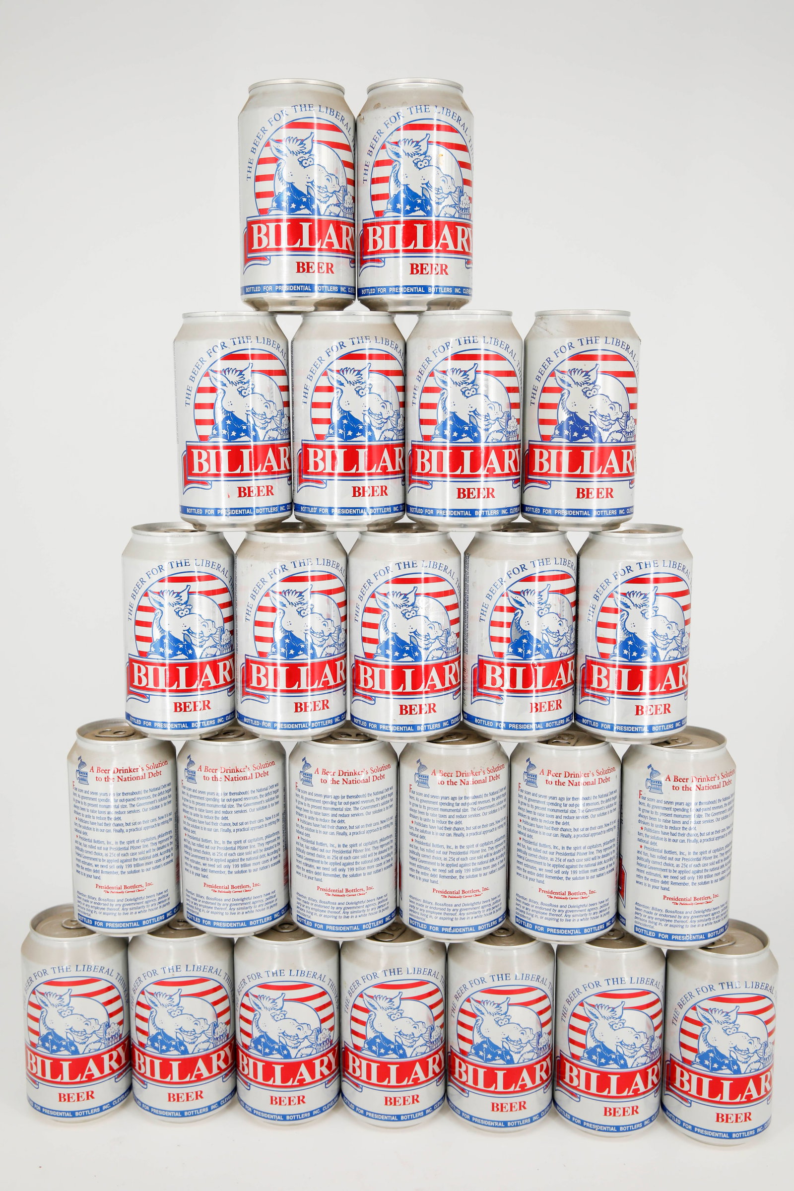 Assortment of 24 1994 Vintage Political Biliary Aluminum Beer Cans: Lot of 24 aluminum bottom opened vintage Billary beer cans. Made in 1994 for the Presidential Bottlers, this case is mocking Democratic presidential candidate Bill Clinton. 12 Fl Oz.