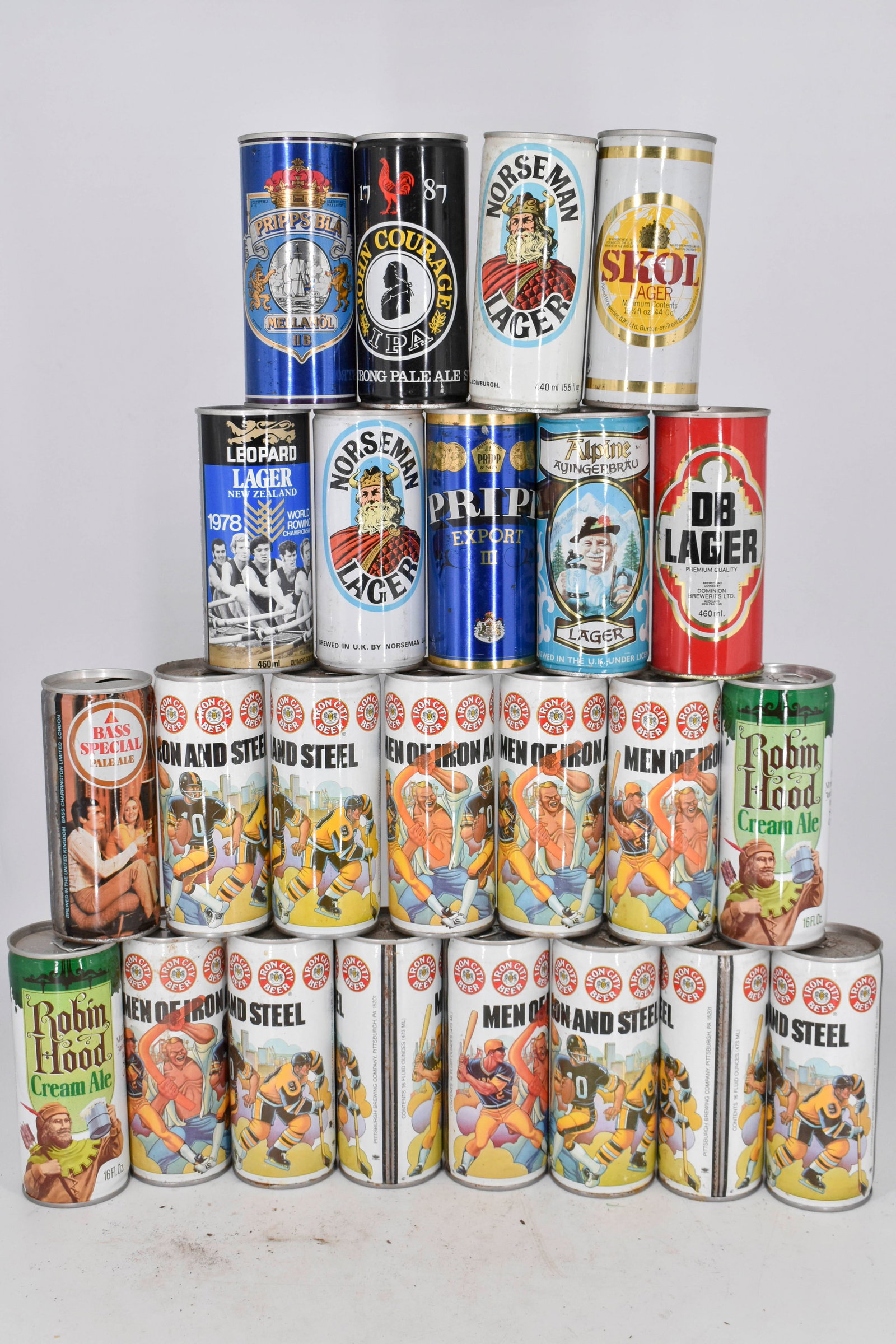 Assortment of 24 Vintage Beer Cans from Brands Including Iron City Beer, Bass Special Pale Ale, Prip (1 of 18)