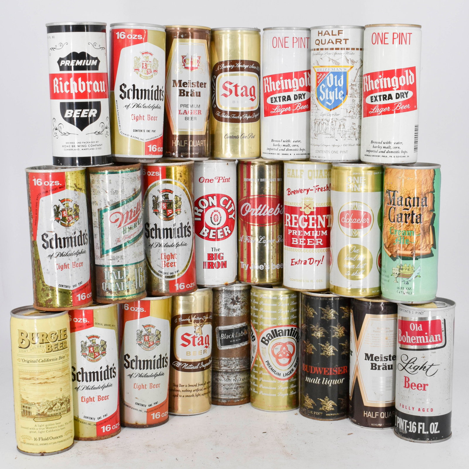 Assortment of 24 Vintage Beer Cans from Brands Including Premium Richbrau Beer, Schmidt's (Philadelp: Lot of 24 aluminum and steel top opened and bottom opened vintage beer cans. This lot features brands including Premium Richbrau Beer, Schmidt's (Philadelphia) Light Beer, Meister Br‰u Lager, St