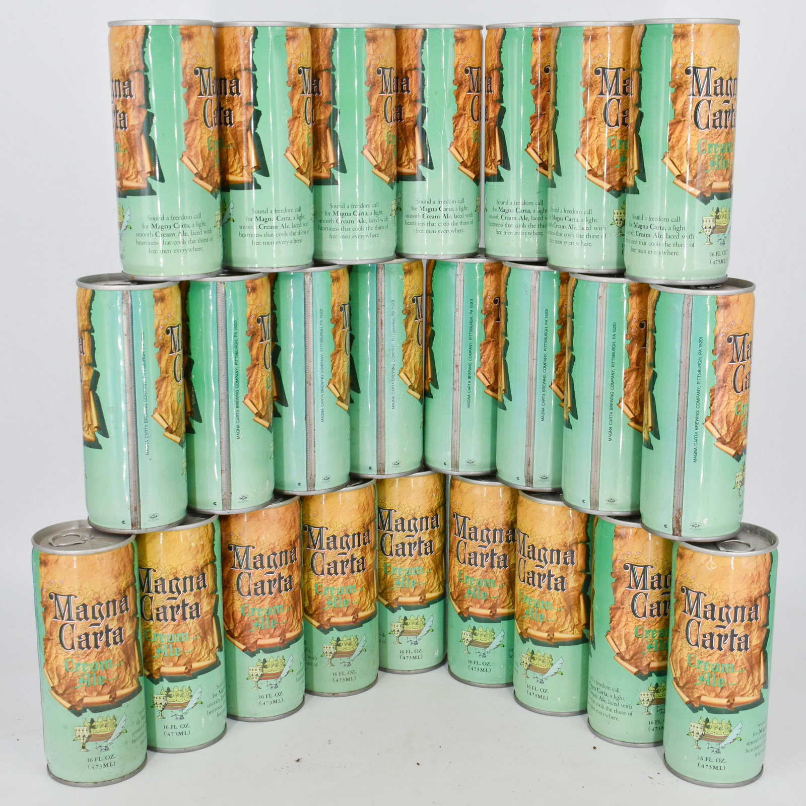 Assortment 24 of Vintage Magna Carta Cream Ale Beer Cans: Lot of 24 steel bottom opened vintage beer cans. This lot features exclusively Magna Carta Cream Ale. Pull tab style.16 Fl Oz.