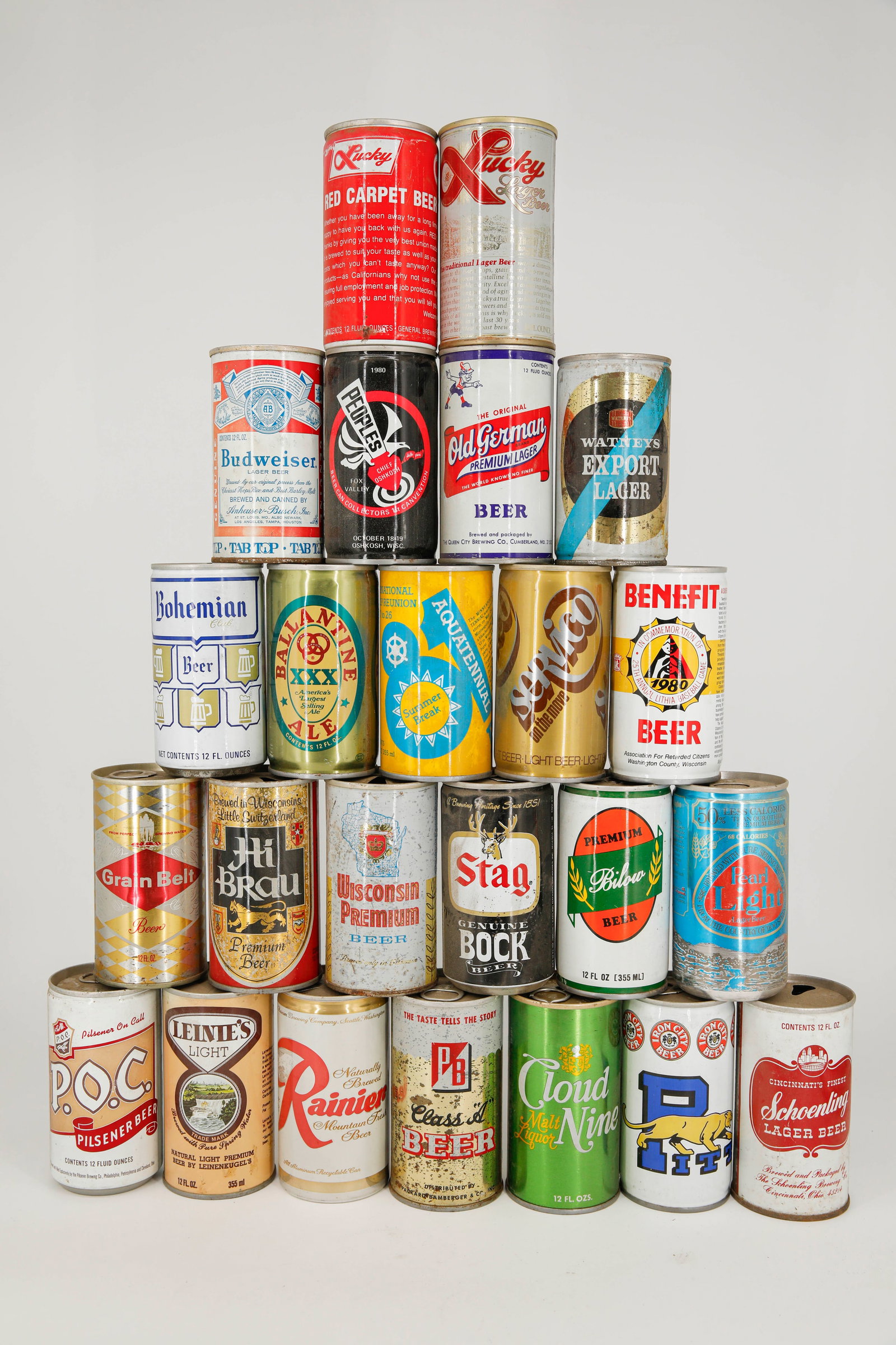 Assortment of 24 Vintage Beer Cans from Brands Including Lucky Lager, Budweiser, Rainier (1 of 4)