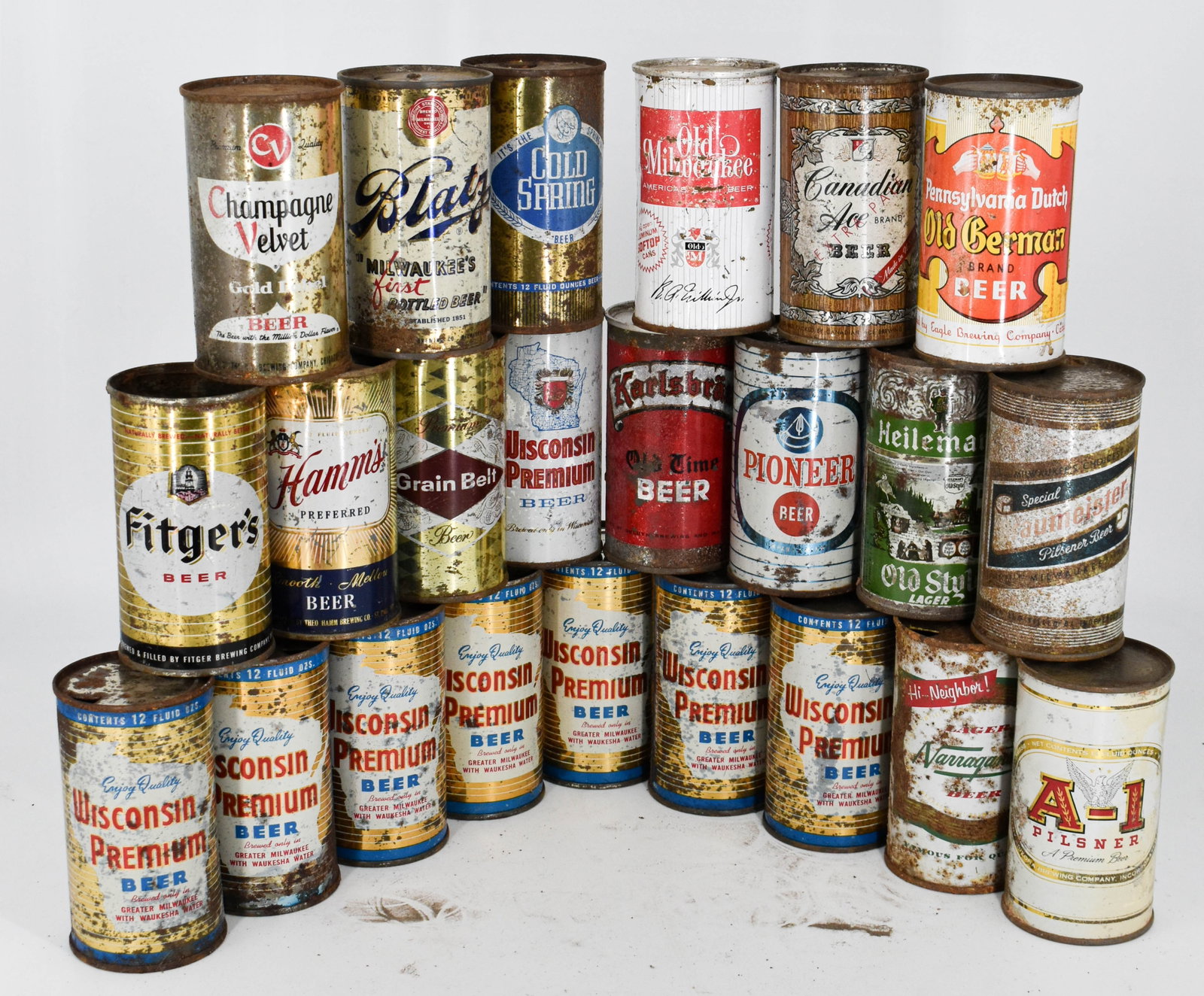 Assortment of 23 Vintage Beer Cans from Brands Including Wisconsin Premium Beer, Narragansett, A-1 P: Lot of 23 steel top and bottom opened vintage beer cans. This lot features brands including Wisconsin Premium Beer, Narragansett Lager Beer, A-1 Pilsner, Fitger's Beer, Hamm's Beer, Grain Belt Beer, K