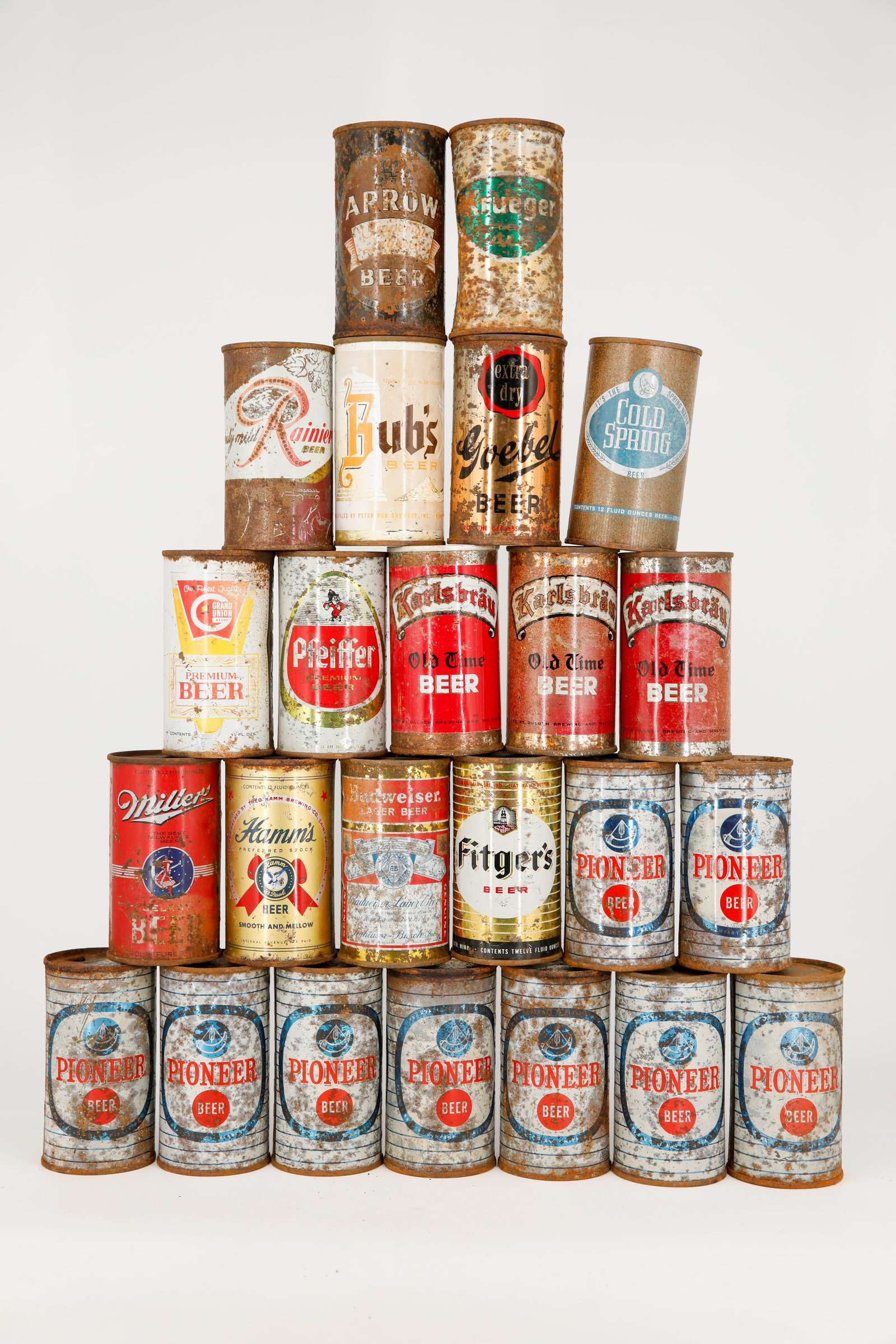 Assortment of 24 Vintage Beer Cans from Brands Including Pioneer, Budweiser, Miller, Hamm's (1 of 6)