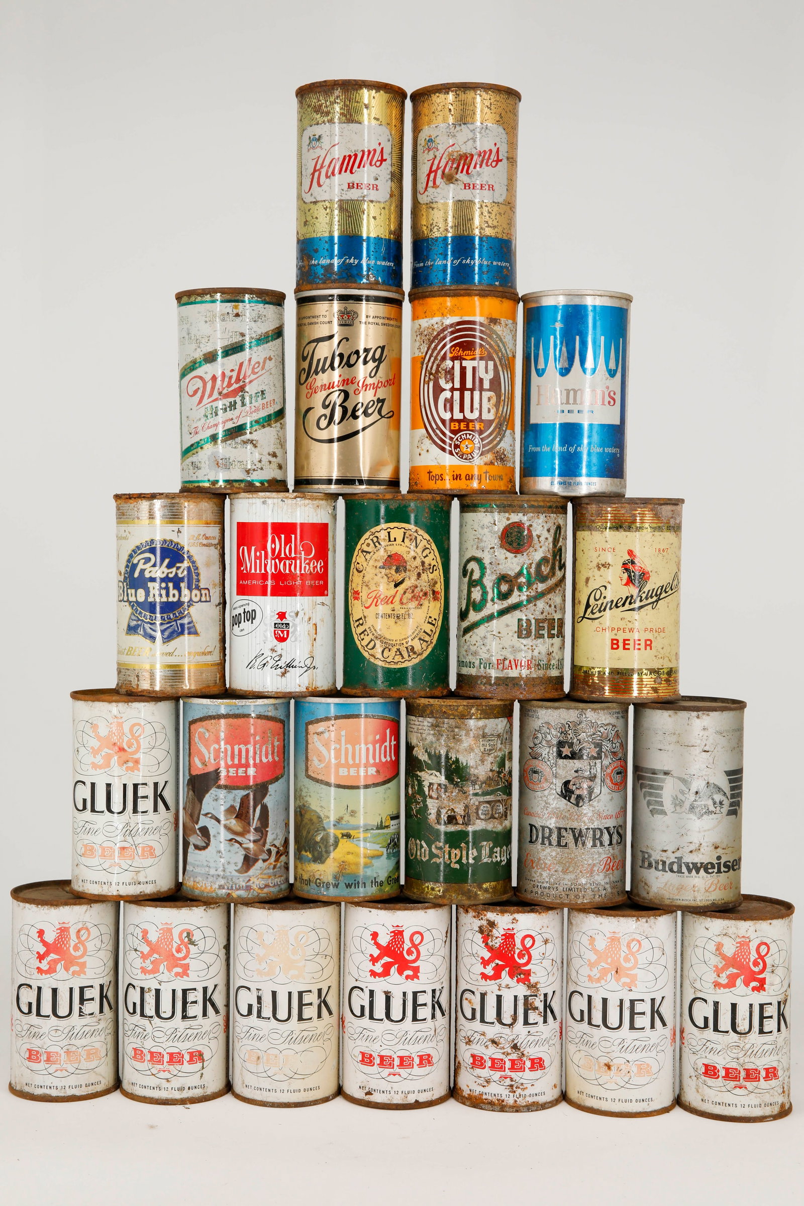 Assortment of 24 Vintage Beer Cans from Brands Including Budweiser, Drewrys, Gluek, Hamm's (1 of 7)