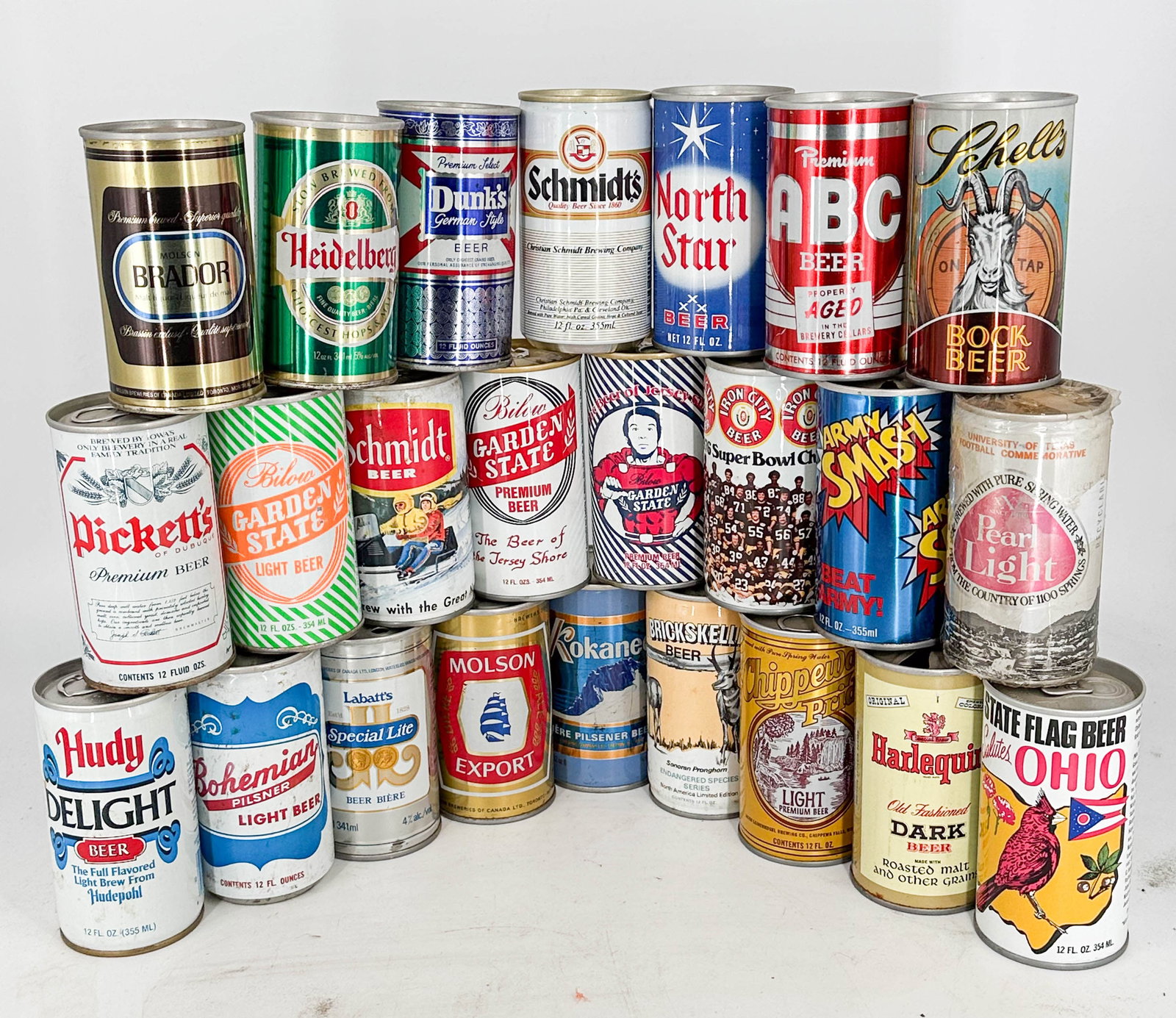 Assortment of 23 Vintage Beer Cans; 1 Soda Can from Brands Including Hudy Delight Beer, Bohemian Pil: Lot of 23 steel top opened, bottom opened, and air filled vintage beer cans. and 1 soda can (Army Smash Orange Soda). This lot features brands including Hudy Delight Beer, Bohemian Pilsner, Labatt's S