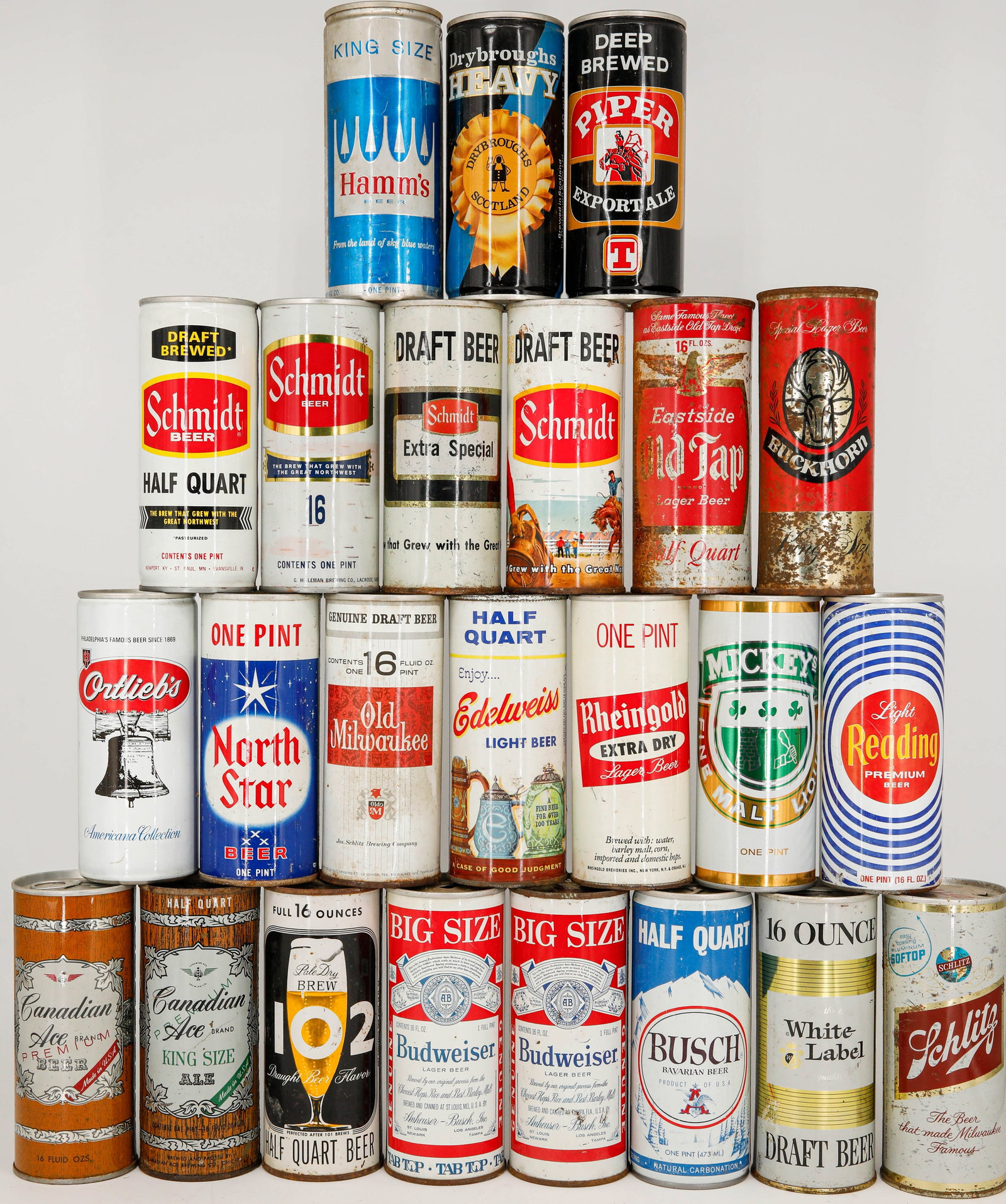 Assortment of 24 Vintage Beer Cans from Brands Including Schmidt, Canadian Ace, Budweiser, Hamm's (1 of 5)