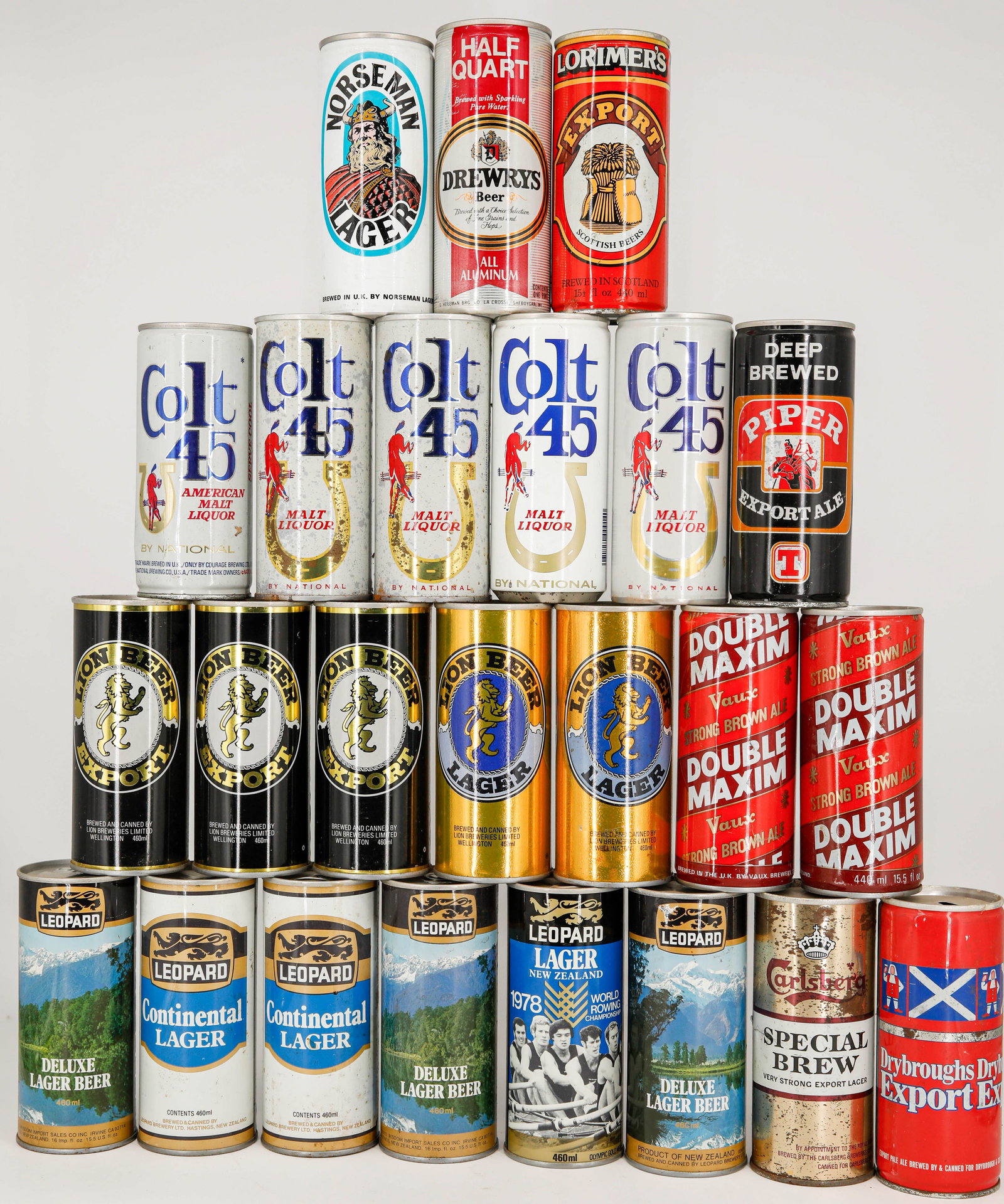 Assortment of 24 Vintage Beer Cans from Brands Including Leopard Lager, Colt 45, Lion Beer (1 of 4)