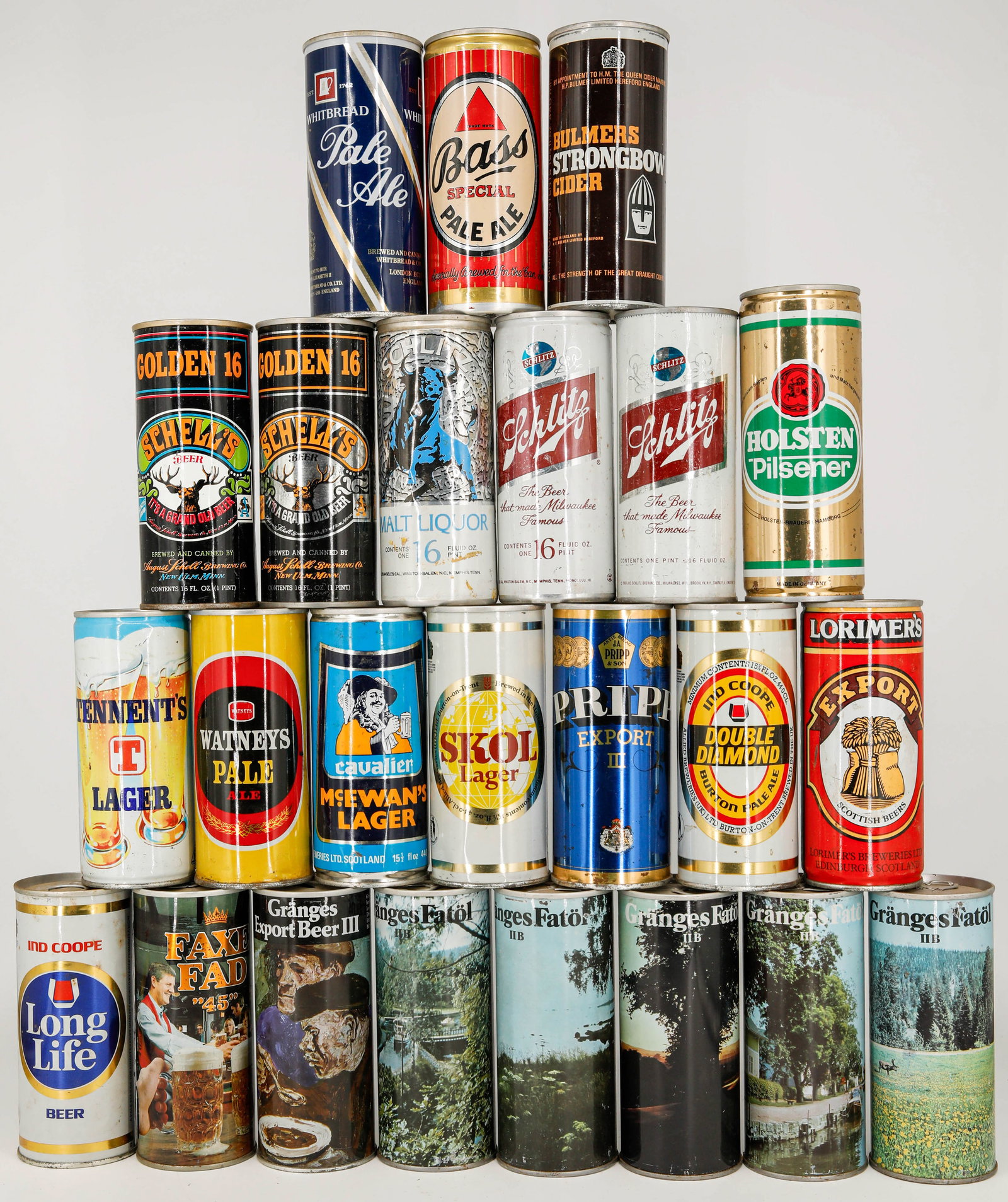 Assortment of 24 Vintage Beer Cans from Brands Including Schell's, Whitbread, Bass, Granges Fatol (1 of 5)