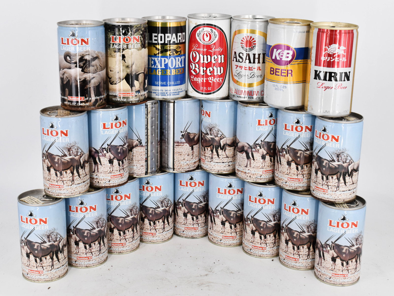 Assortment of 24 Vintage Beer Cans from Brands Including Lion Lager Beer, Kirin, K & B, Asahi, Owen  (1 of 11)