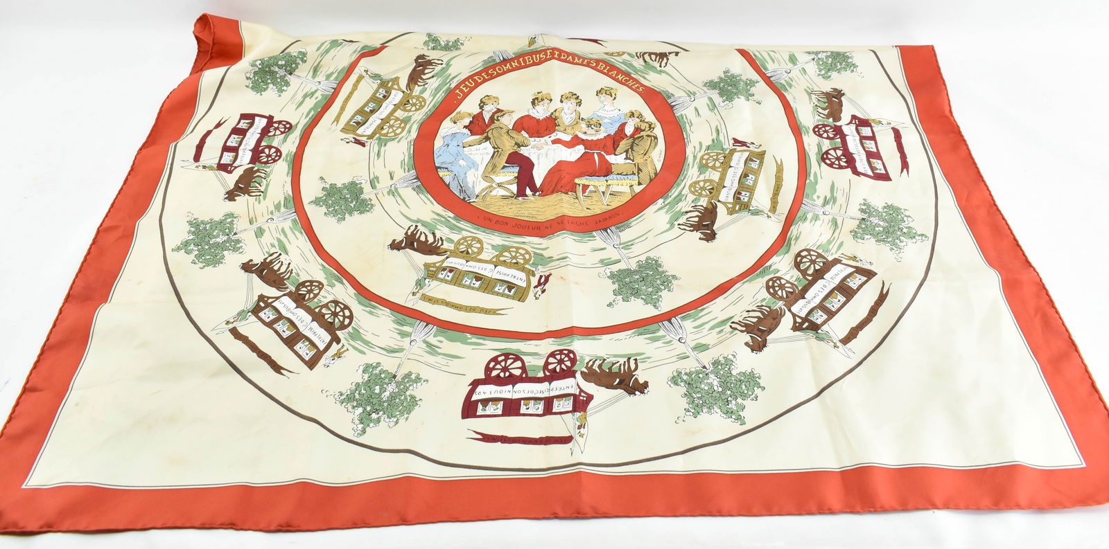 Hermes Scarf with Wagon Print: As pictured.35"H x 35"W
