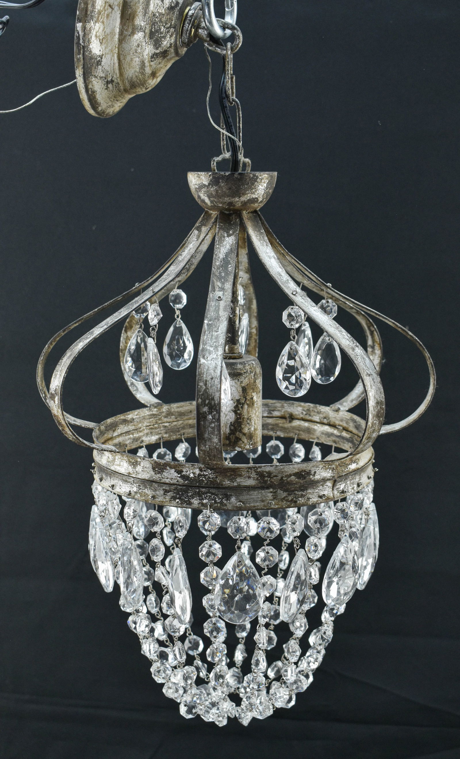 Arhaus Fotini Small Patina Chandelier: Silver clay finished iron chandelier with a charming patina adn dangling pressed glass or similar ornaments, which shimmer like icicles in the sun, catching and reflecting the light with prismatic bri