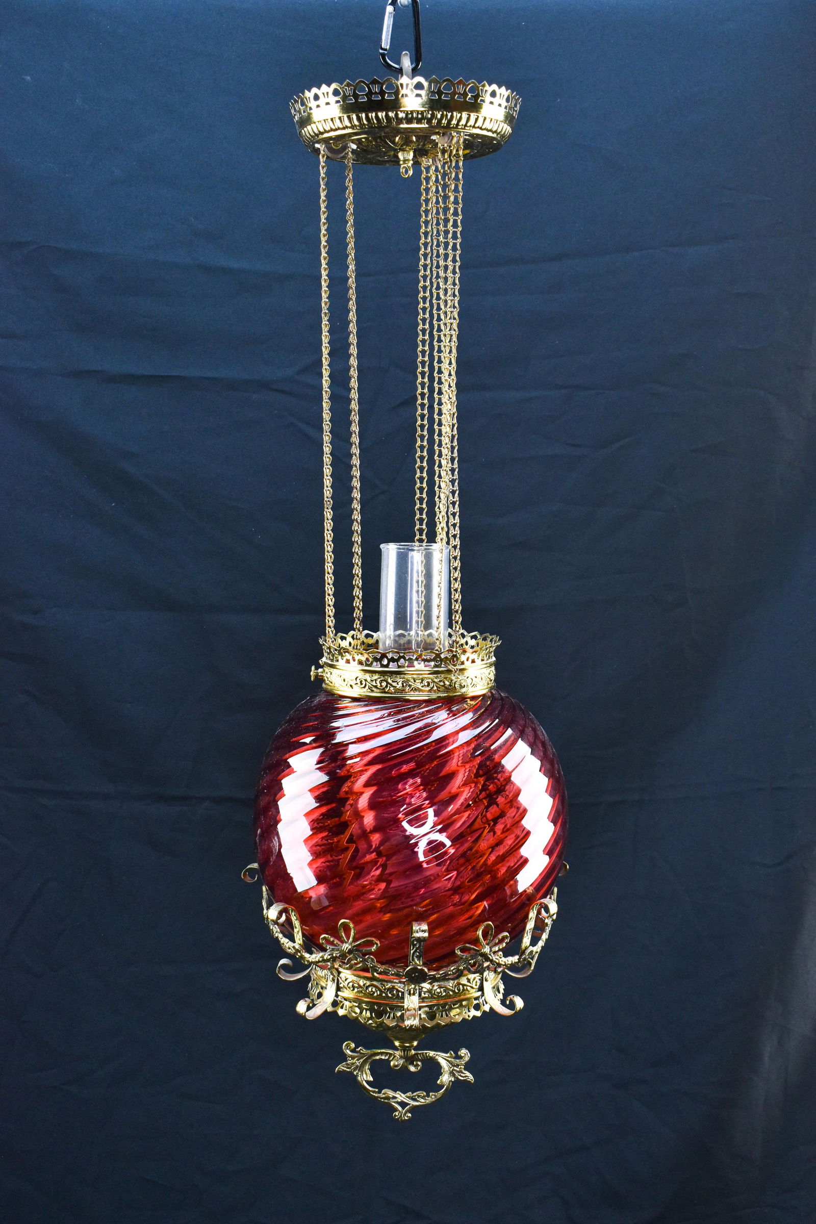 Antique Victorian Parlor Lamp, Cranberry Red Swirled Glass Globe (1 of 11)