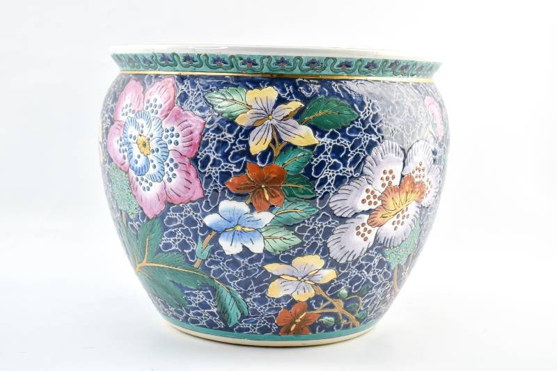 Chinese Qing Dynasty Style Floral Fish Bowl Planter: Chinese Qing Dynasty style fish bowl planter. Royal blue background with colorful floral decoration on outside and red koi fish decoration on inside. Marked on underside. 10"H x 12"Dia.