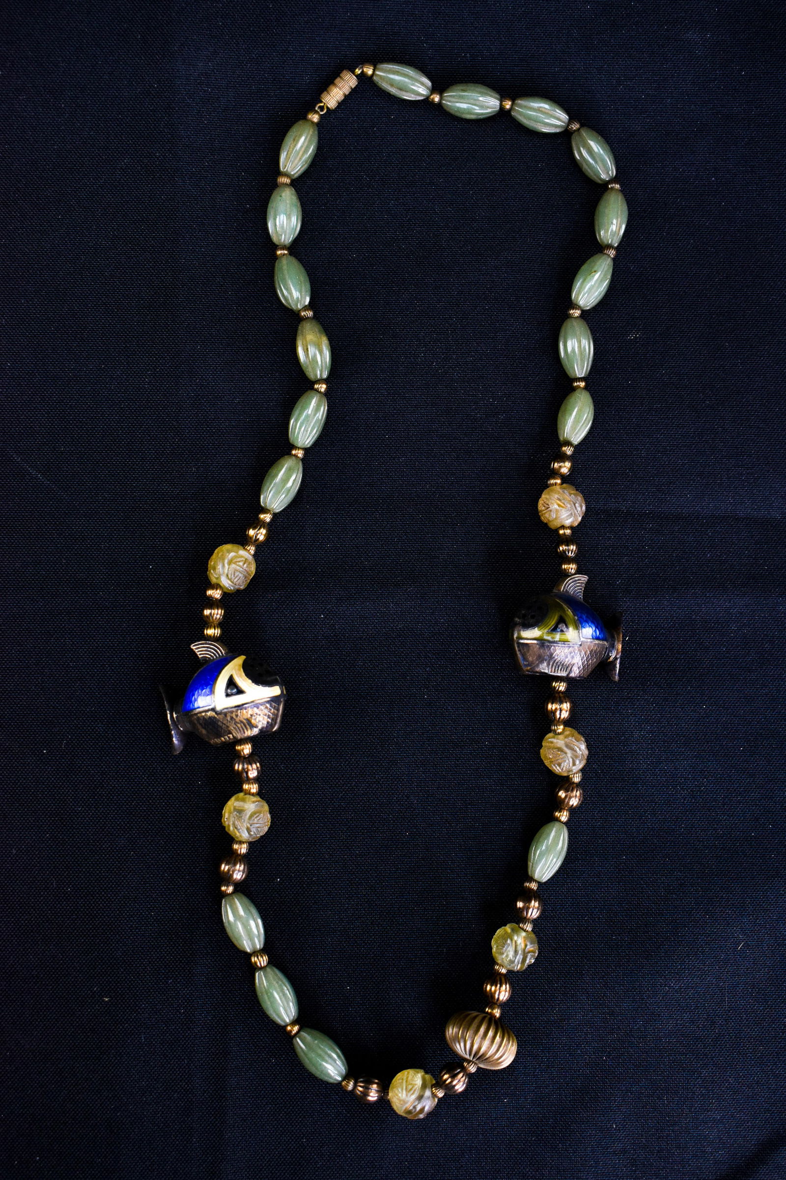 Chinese Melon Bead Necklace, Hardstone, Agate, Enameled Metal (1 of 8)