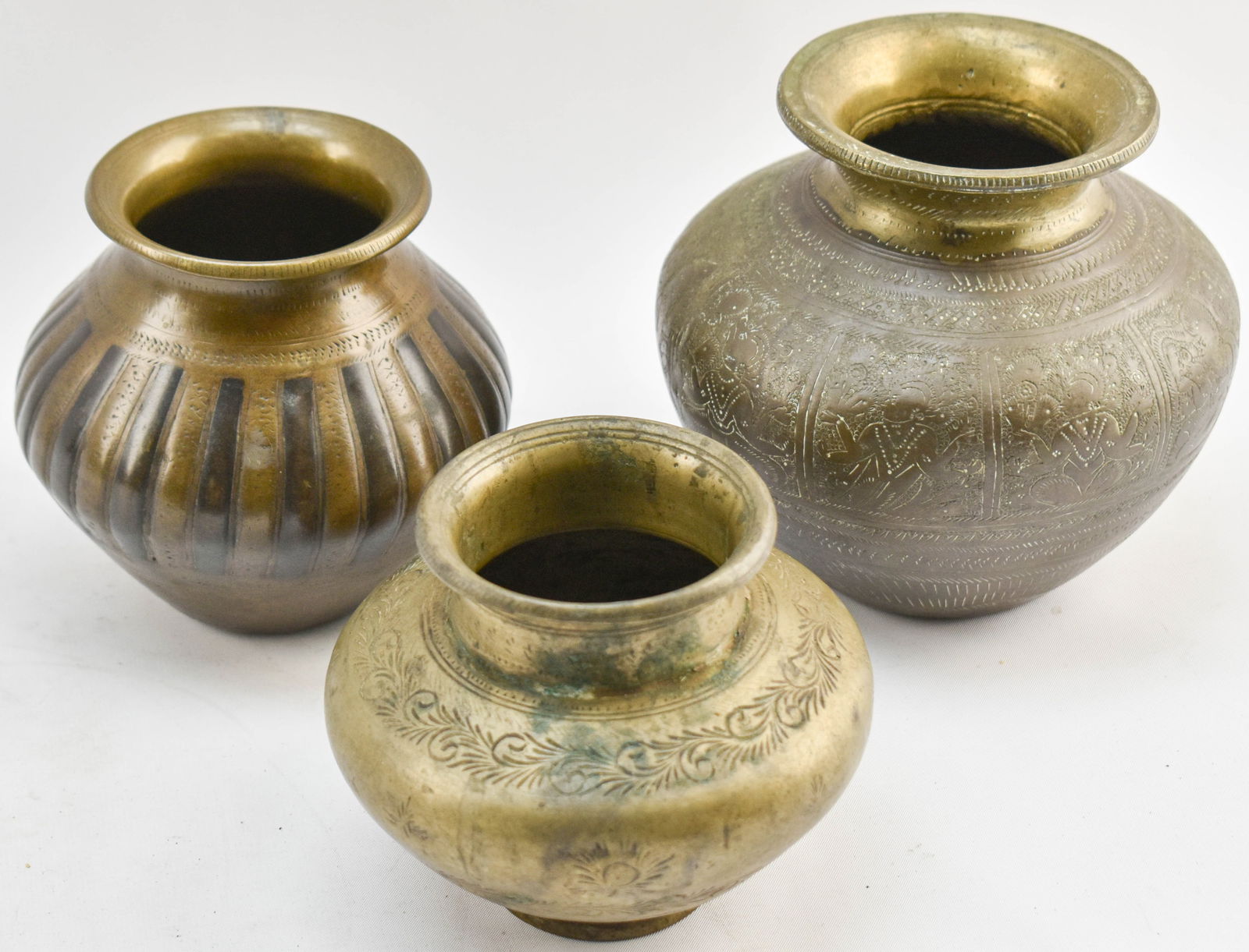 3 Antique Etched Metal Water Pots from India (1 of 16)