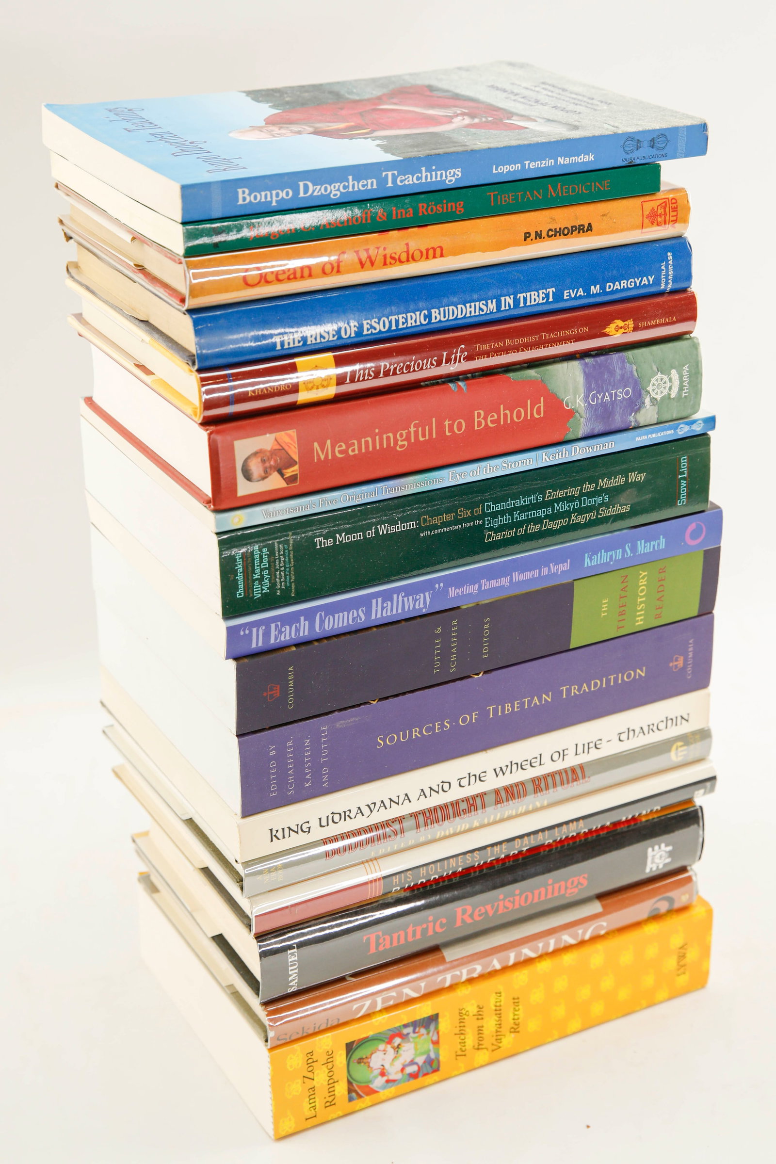 Box of Books on Buddhism, History, & Tibetan Culture: Box of books about Buddism religion, philosophy, and Tibetan culture. Some vintage. Including: "The Tibetan History Reader," Columbia University Press, 2013; Eva Dargyay, "The Rise of E