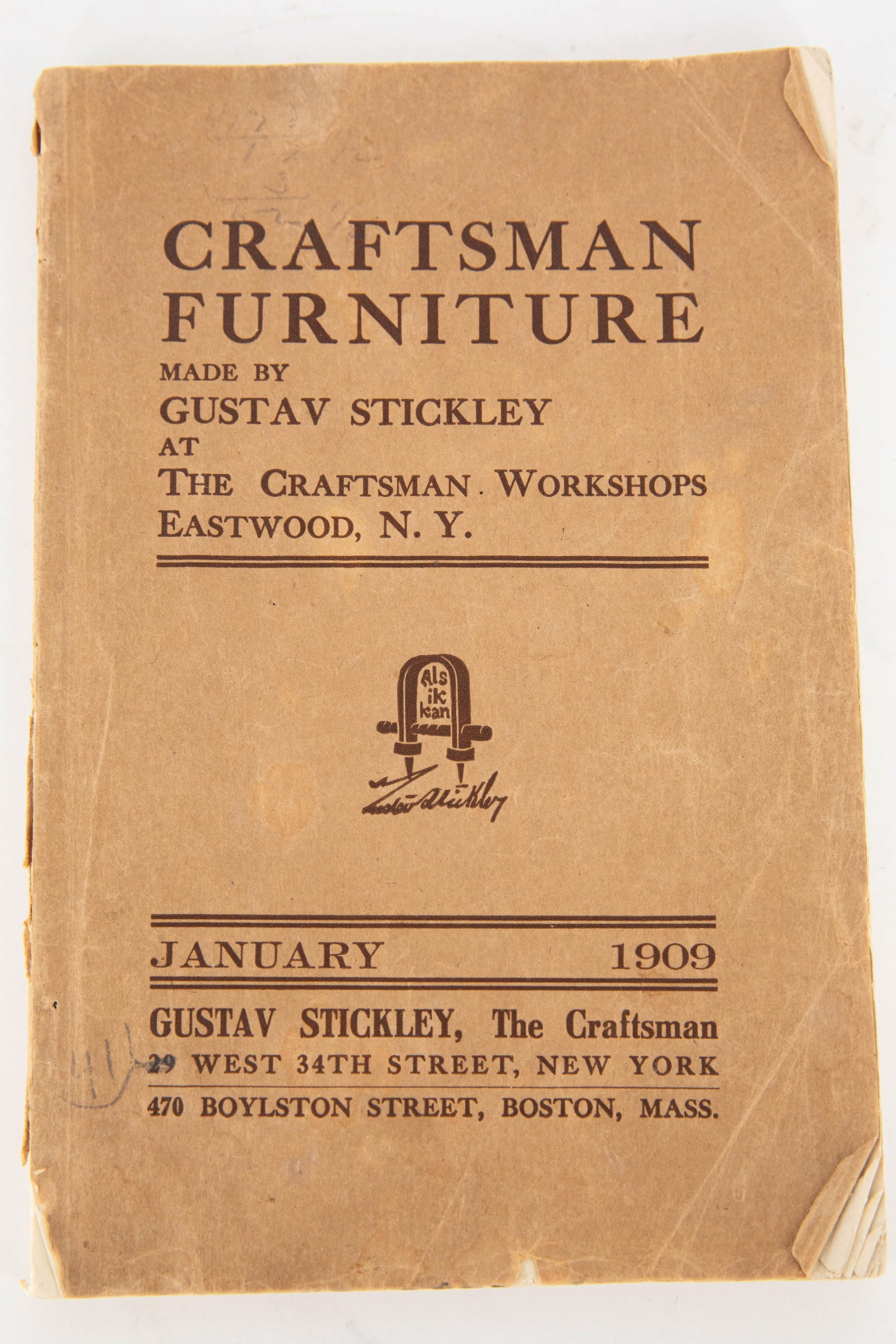 Gustav Stickley, Catalogue of Craftsman Furniture Jan. 1909: January 1909 catalogue of craftsman furniture made by Gustav Stickley. The booklet explains the philosophies behind his style, his pricing, and more as well as a list of different furniture pieces wit