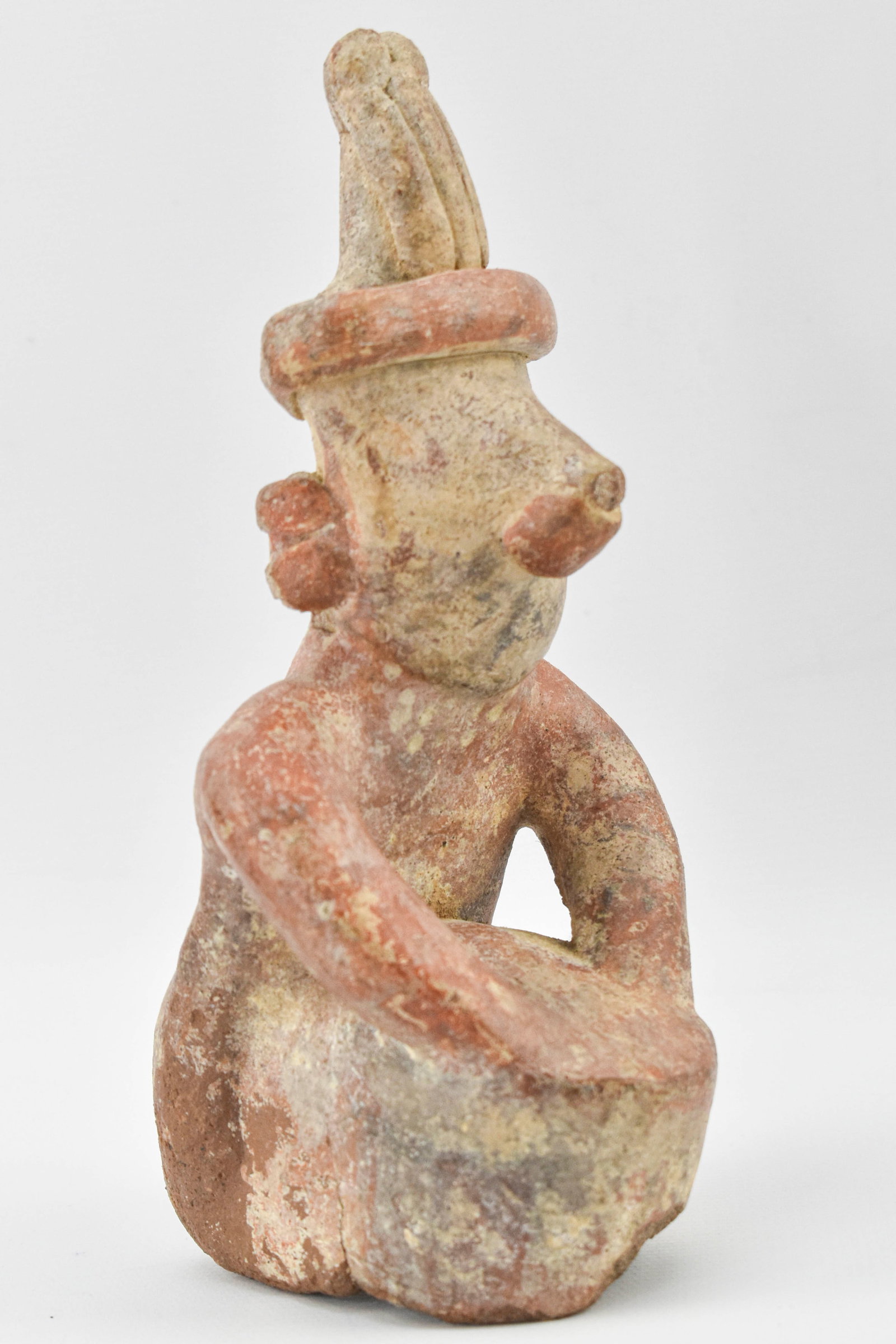Colima Pottery Drummer: Antique pottery drummer figure likely from Colima, Mexico. Possibly pre-Columbian. 5.5"H x 2.75"W x 2.25"D.