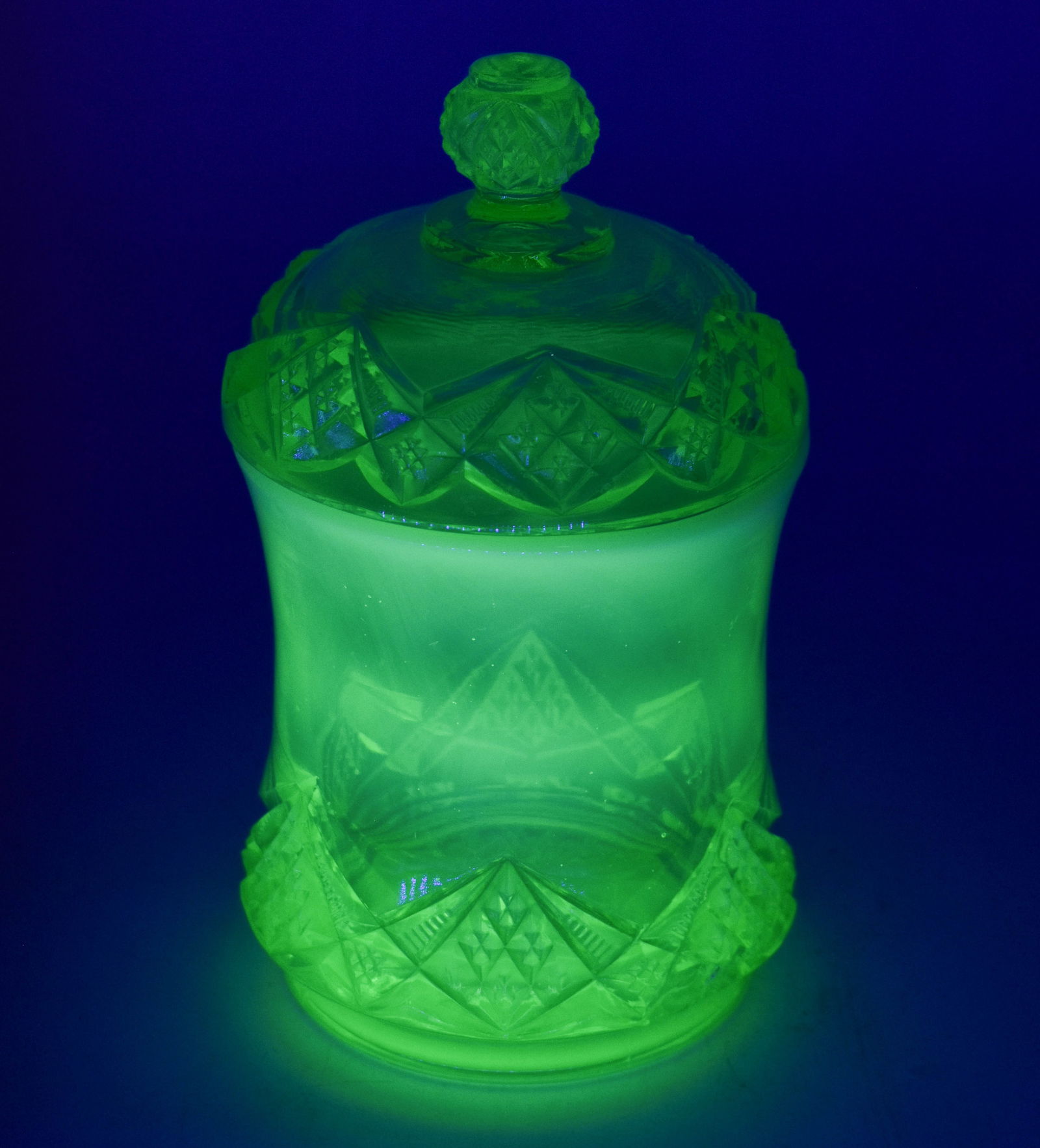 Lidded Vaseline Glass Opalescent Vessel (1 of 5)