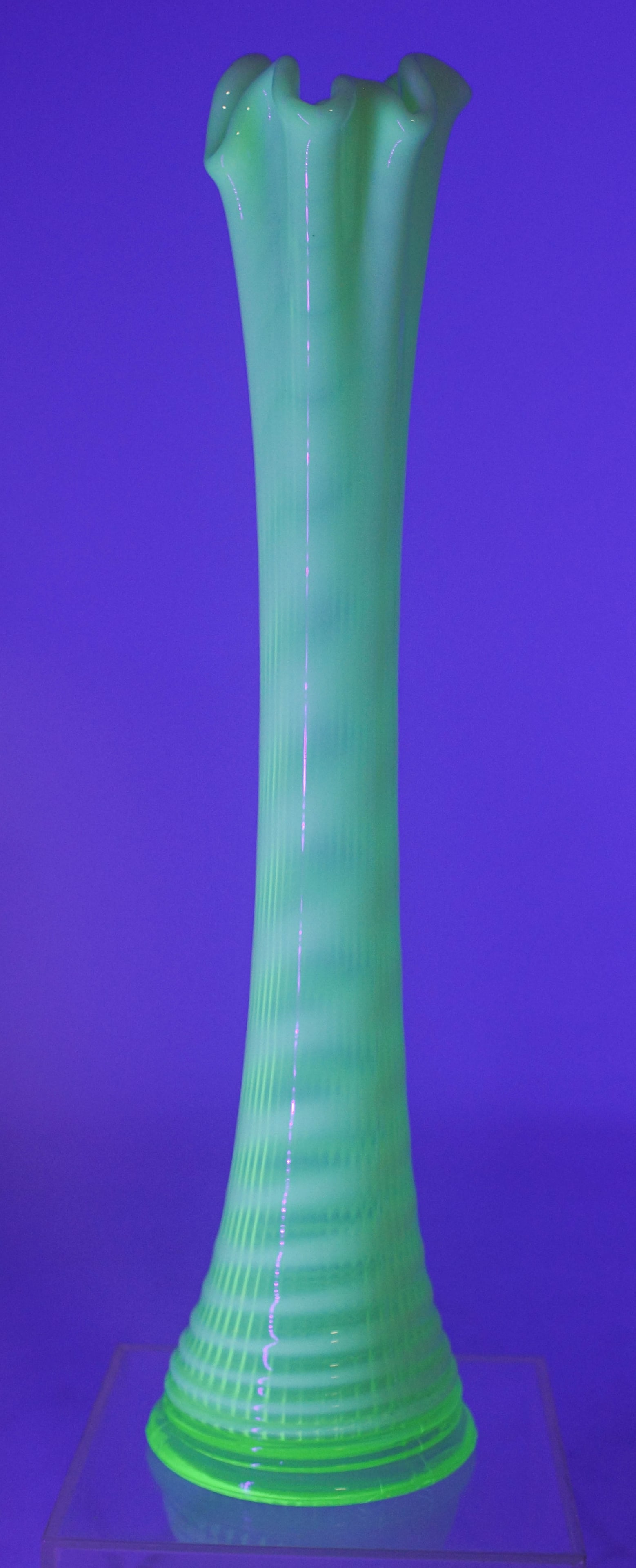 Tall Opalescent Vaseline Glass Swung Vase (1 of 7)