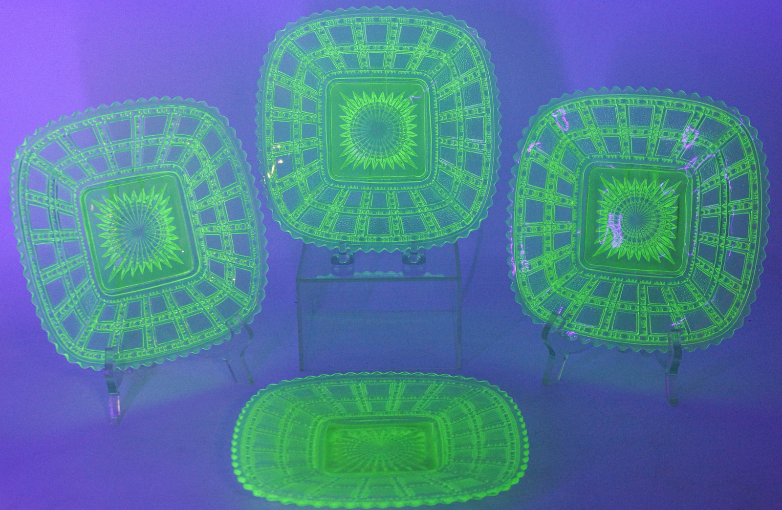 4 Square Vaseline Glass Beaded Block Plates (1 of 6)