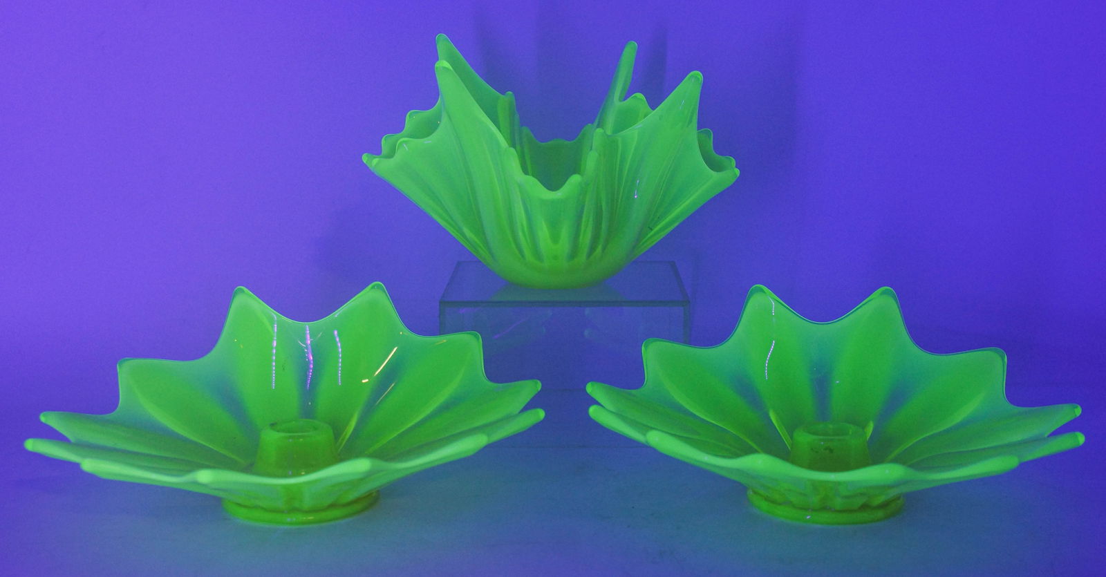 2 Vaseline Glass Candleholders, 1 Vaseline Glass Ruffle Bowl (1 of 8)
