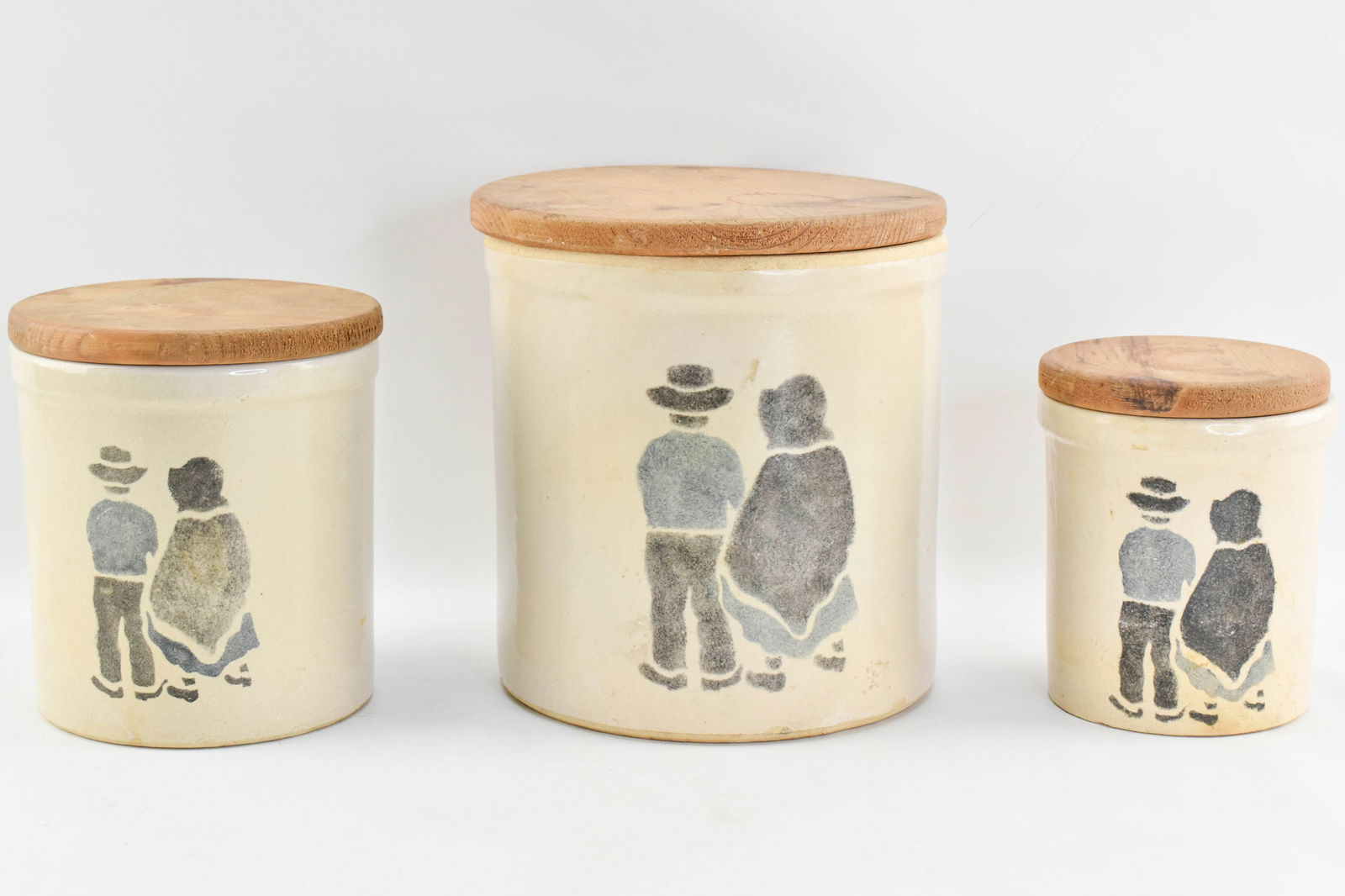 3 Robinson Ransbottom Stacked Pioneer Couple Pottery Crocks w/ Wooden Lids (1 of 8)