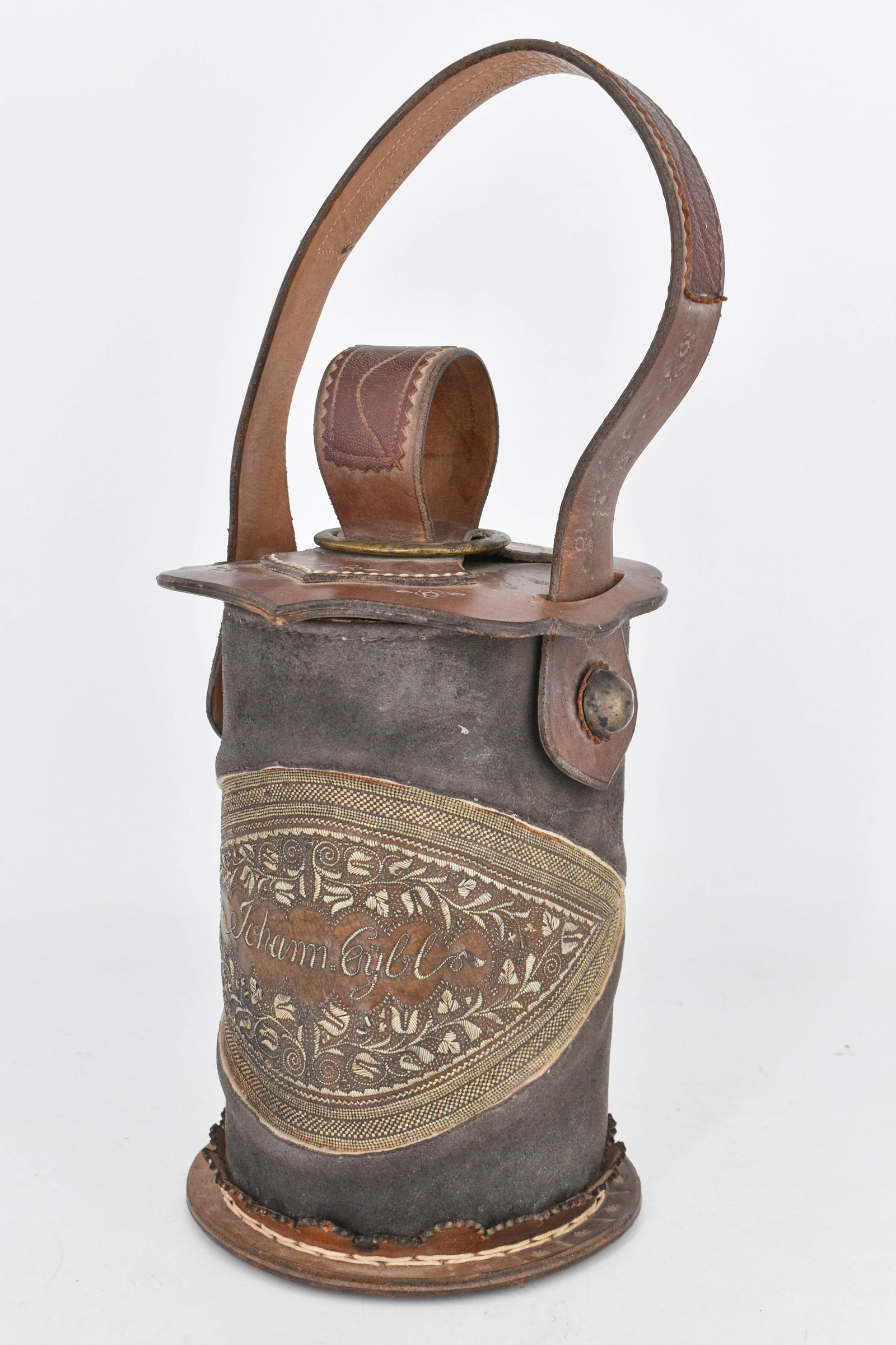 Alsatian or Swiss Bucket with Quill Embellishments, Inscribed "Johann Eybl": Handled leather bucket with lid, embellished throughout as well as inscribed with the name "Johann Eybl." With handle (upright): 15"H x 6 1/4"Dia (base)