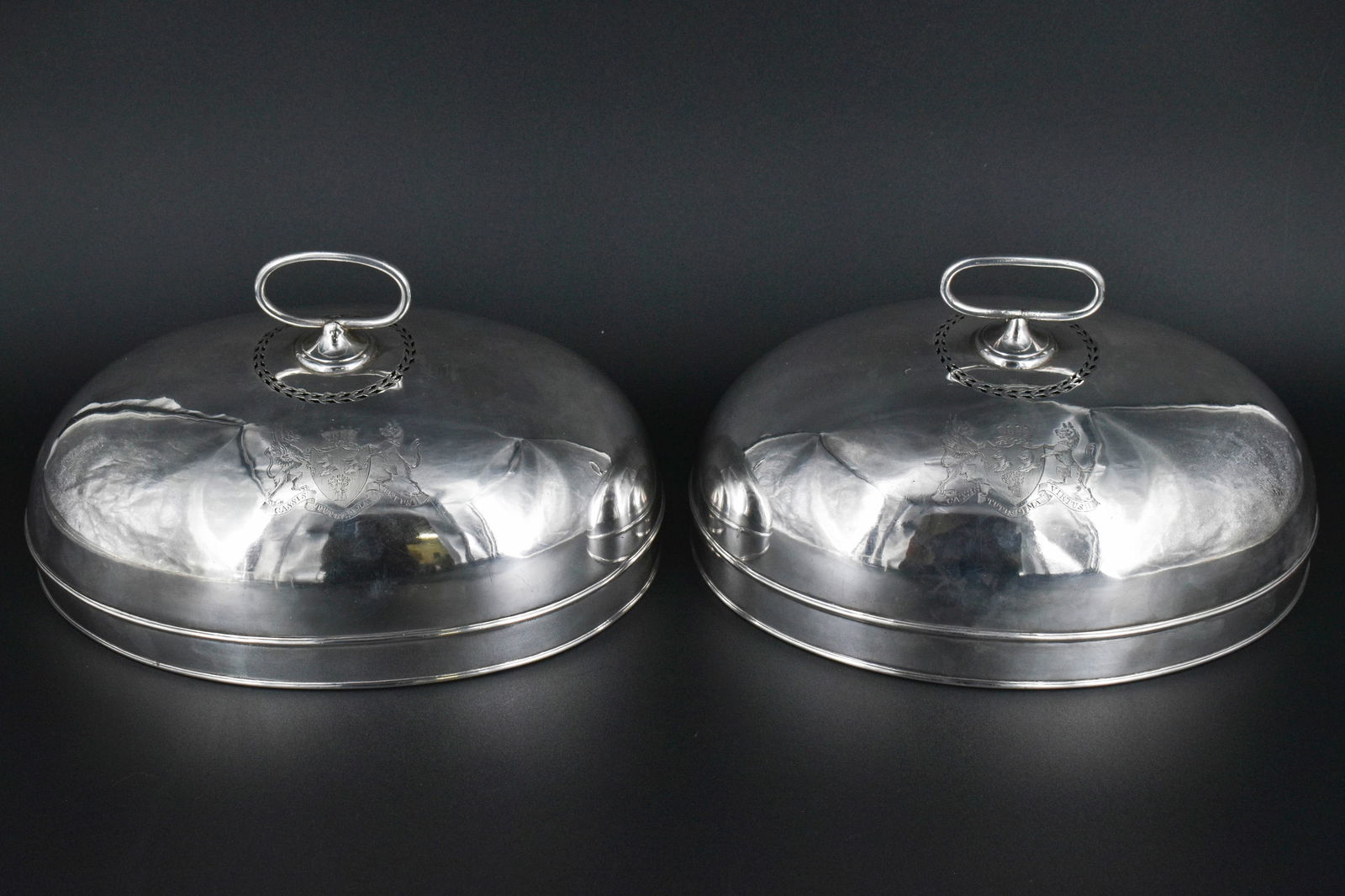 Pair of 18th C. Entree Covers, Sheffield Silverplate, Cholmondeley Family Crest (1 of 6)