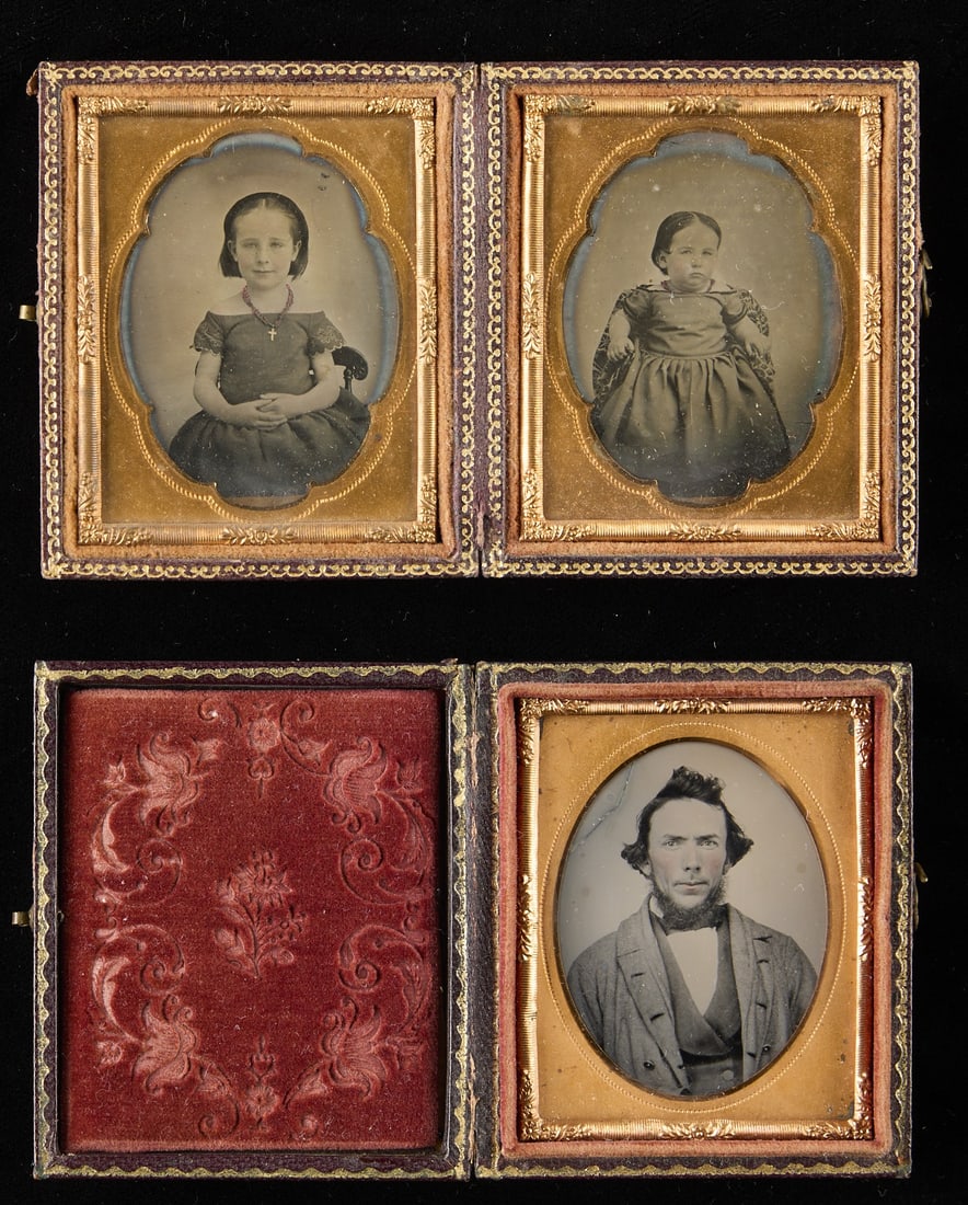 Antique Tintypes - Sisters, Man with Beard: Lot includes 3 tintype images housed in 2 embossed leather cases. One case holds tintypes of two young girls, presumably sisters and the other case holds an image (likley tintype) of a man with a bear