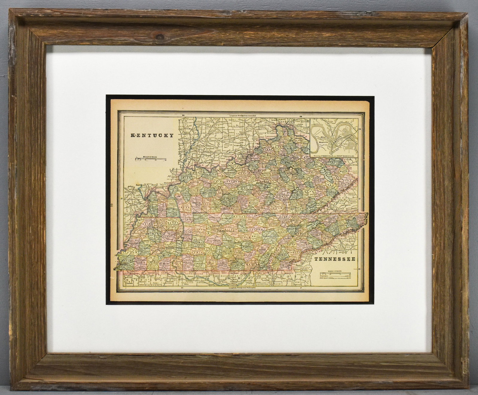 Antique Map of Kentucky & Tennessee: Map displaying Kentucky and Tennessee including the cities and counties. Reportedly circa 1885 but dates and publishers are not visible. Framed: 19"H x 23"W. Map: 10"H x 13"W.