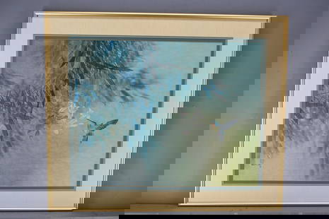 David Lee "Hummingbird in Flight" Print: Framed print showing signature and seal lower left.Sight; height: 21 3/4 x width: 27 1/2 in. Framed; height: 29 1/2 in x width: 35 1/2 in x depth: 1 1/2 in.