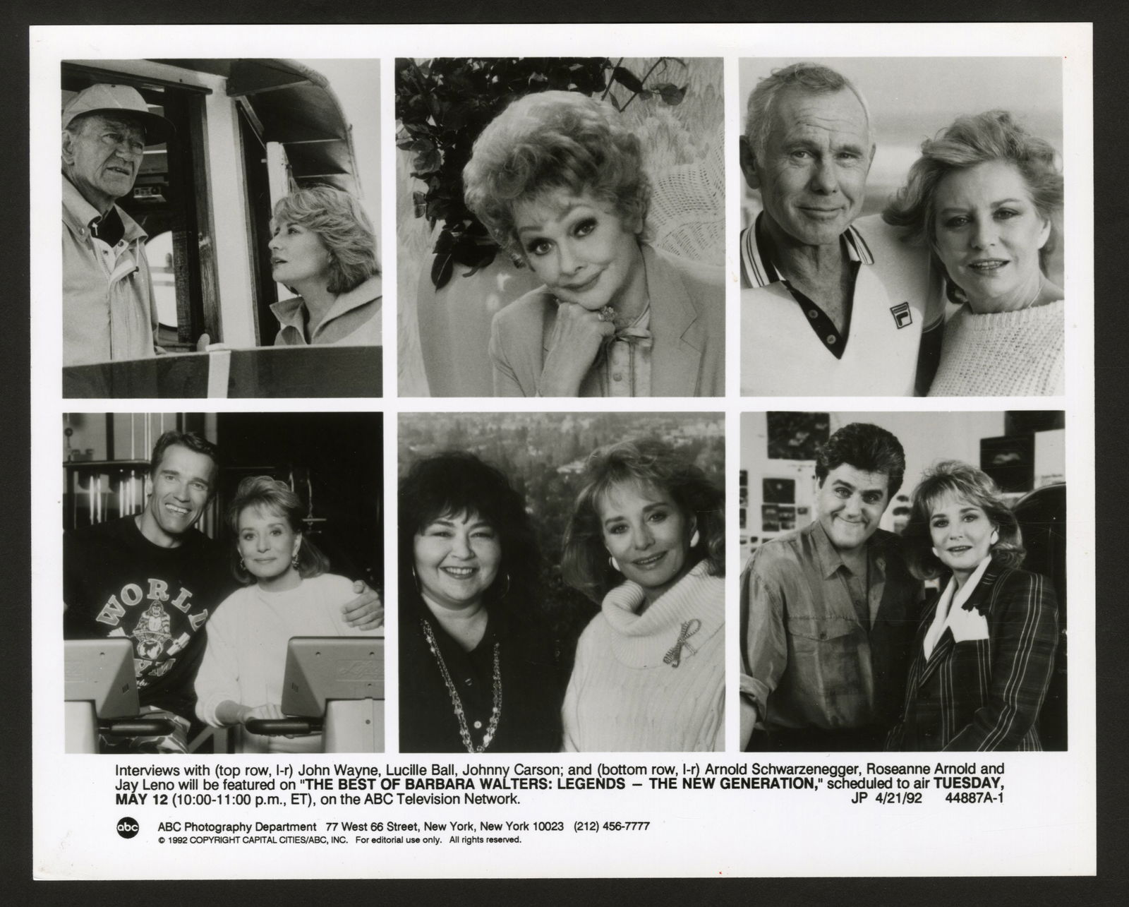 Barbara Walters Photo from Star Tribune Archives: One gelatin silver print or original vintage press photographic reproduction from the archives of the Star Tribune depicting Barbara Walters in a photomontage of six frames pictured beside: John Wayne