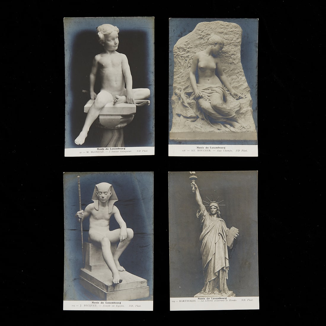 4 Vintage Luxembourg Paris Museum Postcards: Musee du Luxembourg - Paris. Set of four vintage postcards, each depicting a different work of art and titled accordingly. In order of item number the titles recorded on the lower center on the rectos