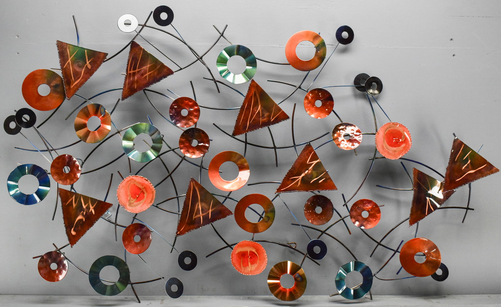 Curtis Jere "Kaleidoscope" Wall Sculpture: Curtis Jere colorful metal wall sculpure. Made of brass, copper, and steel and painted with brightly hued enamel. Signed and dated "2003, C. Jere." Can be mounted in mulptiple orientations.3
