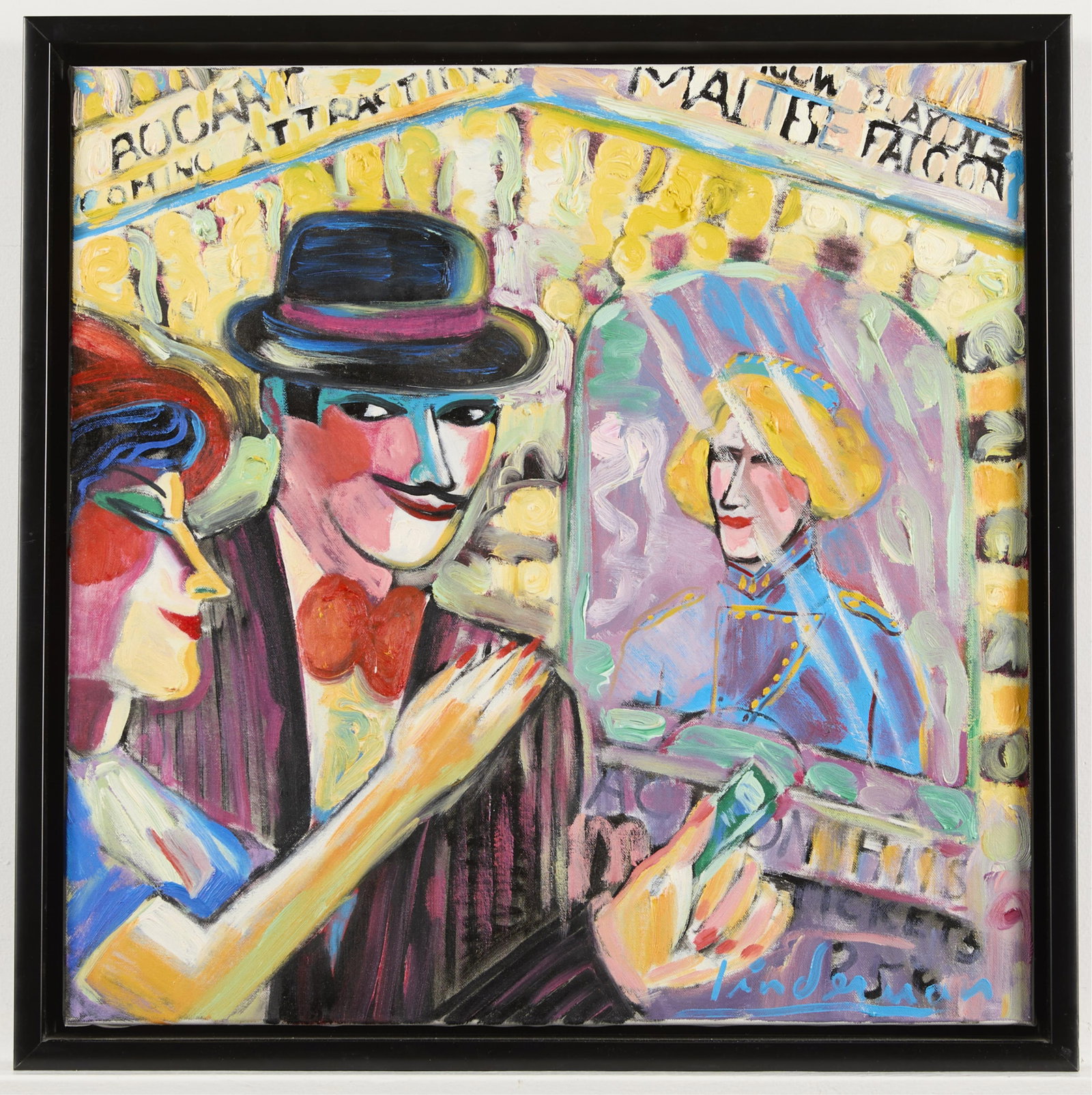 Earl Linderman Original Oil Painting on Canvas: Original oil on canvas painting depicting a man and woman buying tickets to the movies. 23"H x 23"W.