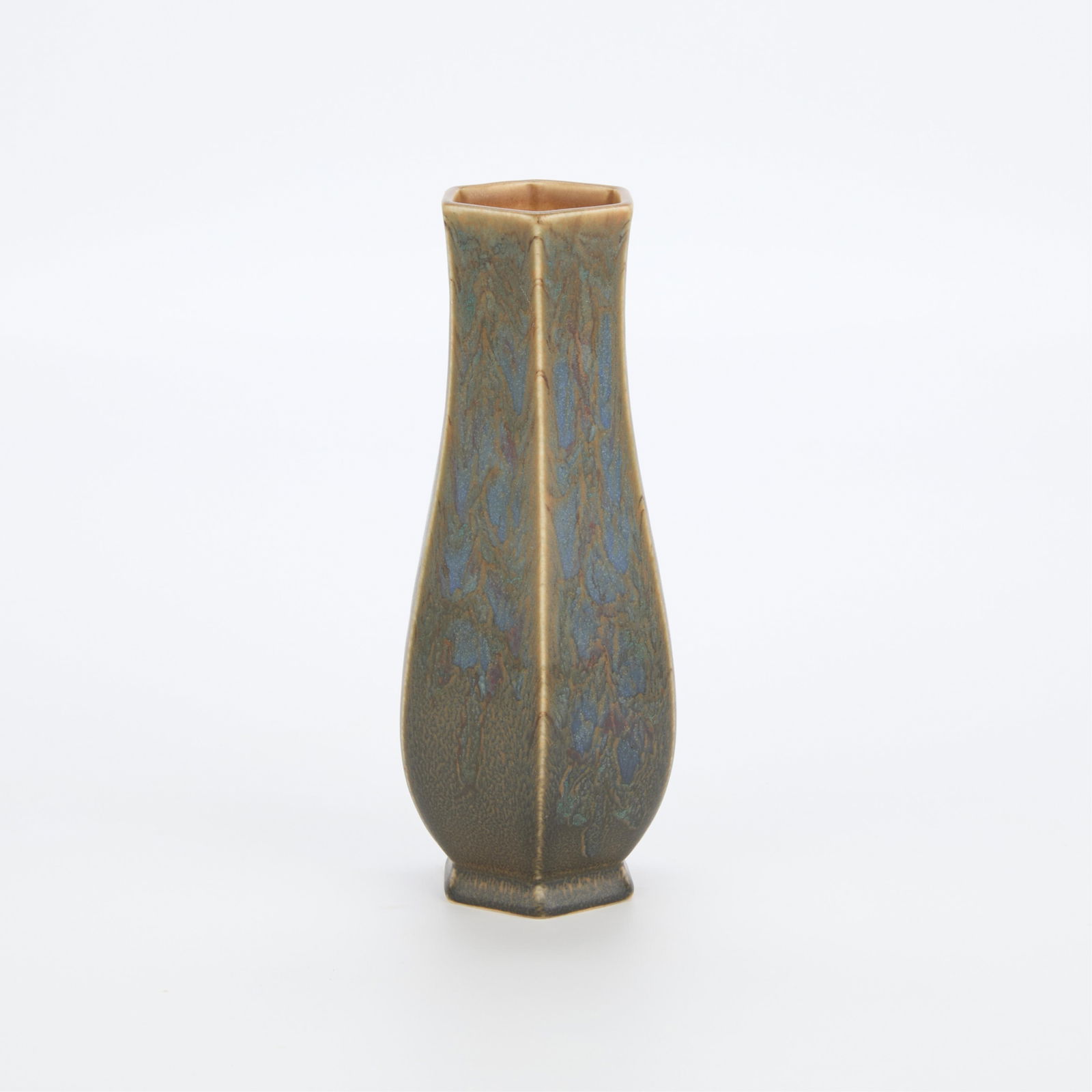 Elizabeth Barrett for Rookwood Pottery Hexagon Vase: Elizabeth Barrett for Rookwood Art Pottery hexagonal bottle vase, 1924. With mottled blue and mauve drip matte glaze. Impressed Rookwood maker's mark, dated XXIV or 1924, numbered 2672, and incised &q