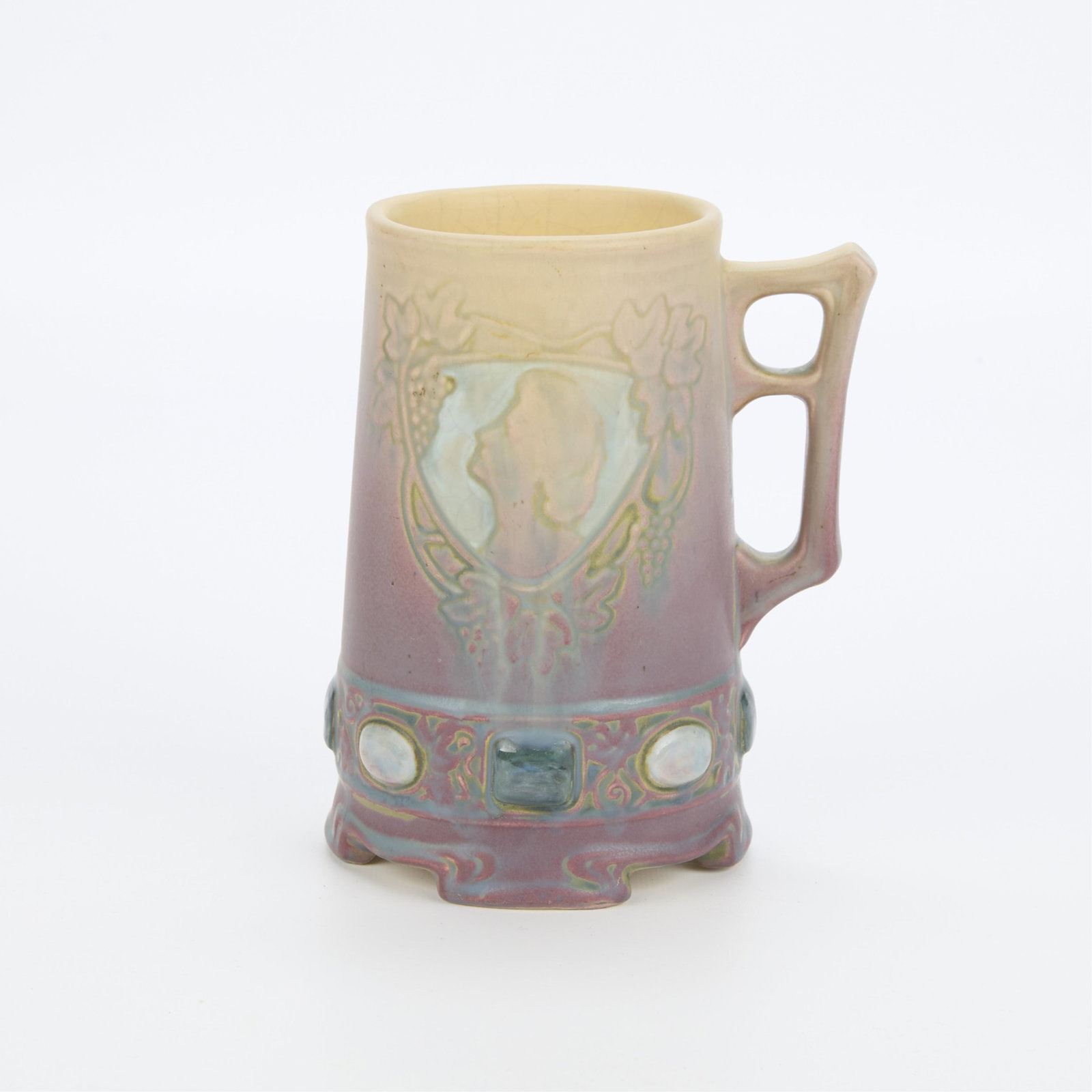 Vintage Weller Pottery "Jewel" Tankard Mug: Vintage Weller Pottery ceramic "Jewel" pattern tankard or stein mug, ca. 1920s. With a band of applied jewel or gem form ceramic adornments with glossy glaze along the lower edge and incised