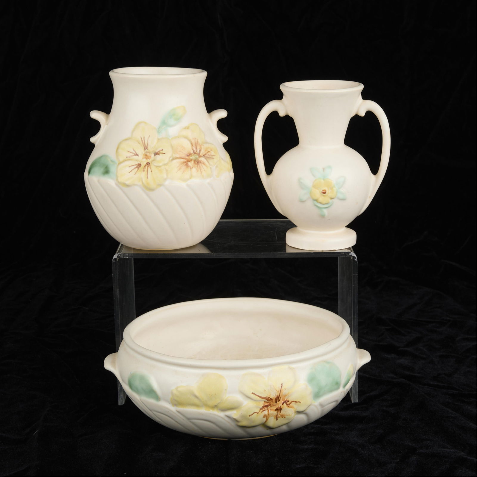 3 Vintage Weller Pottery "Mi-Flo" Floral Vessels: Group of three vintage Weller Art Pottery "Mi-Flo" vessels including a large bowl or jardiniere planter pot, a small double-handled baluster vase with recessed footrim, and a scarce double-h