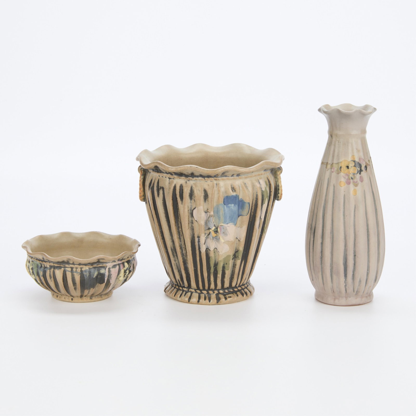 3 Lorber for Weller Art Pottery Louella Vessels: Group of three vessels designed by Rudolph Lorber for Weller Pottery's Louella line including a small bowl or candy dish, a tall bottle vase, and a larger urn vase with recessed foot and applied faux 